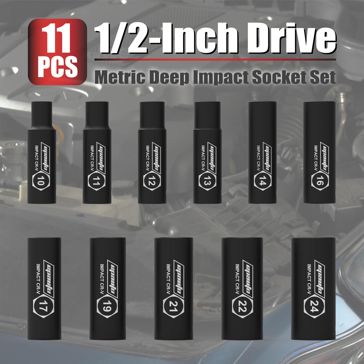 EPAuto 1/2-Inch Drive Metric Deep Impact Socket Set, Cr-V, 11 Sockets