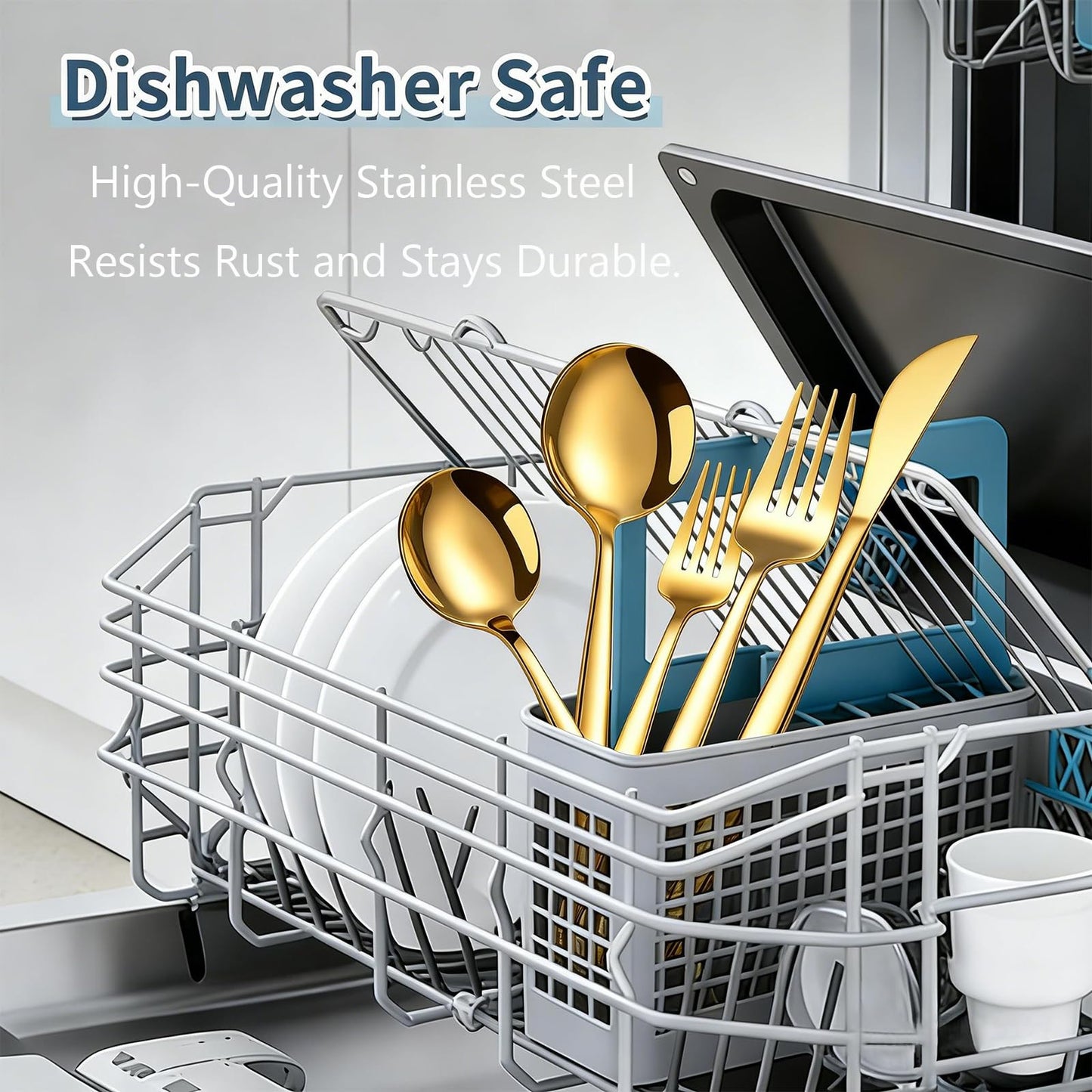 40 Piece Gold Silverware Set for 8, Stainless Steel Cutlery Set, Mirror Polished Flatware, Dishwasher Safe Tableware for Home, Wedding & Party