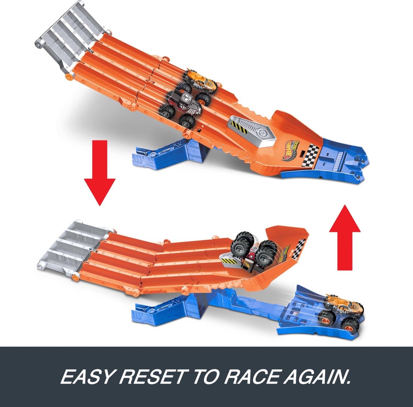 Hot Wheels Toy Monster Trucks Track Set with 1:64 Scale Mega-Wrex & Tiger Shark, Competitive Racing, Sharks vs. Dinos Racedown Destruction Playset