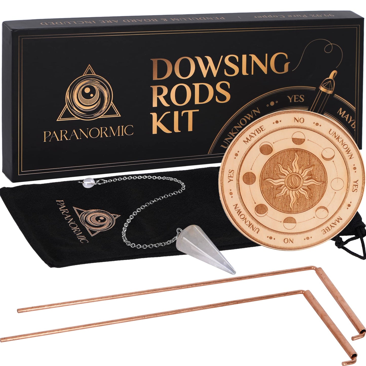 Paranormic Dowsing Rods & Pendulum Divination Kit Set of 2 Real Copper L Rods, Quartz Pendulum, & Wooden Answer Board to Find Water, Lost Objects, Yes/No Answers, & Spirit Activity