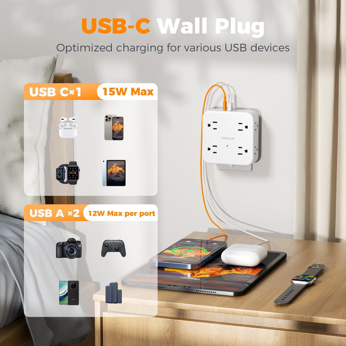 Multi Plug Outlet Extender, TESSAN 900J Surge Protector Plug Extension Block, 8 Outlet Splitter with 3 USB Ports (1 USB C), Electrical Socket for Home Office Dorm Room Essentials, White