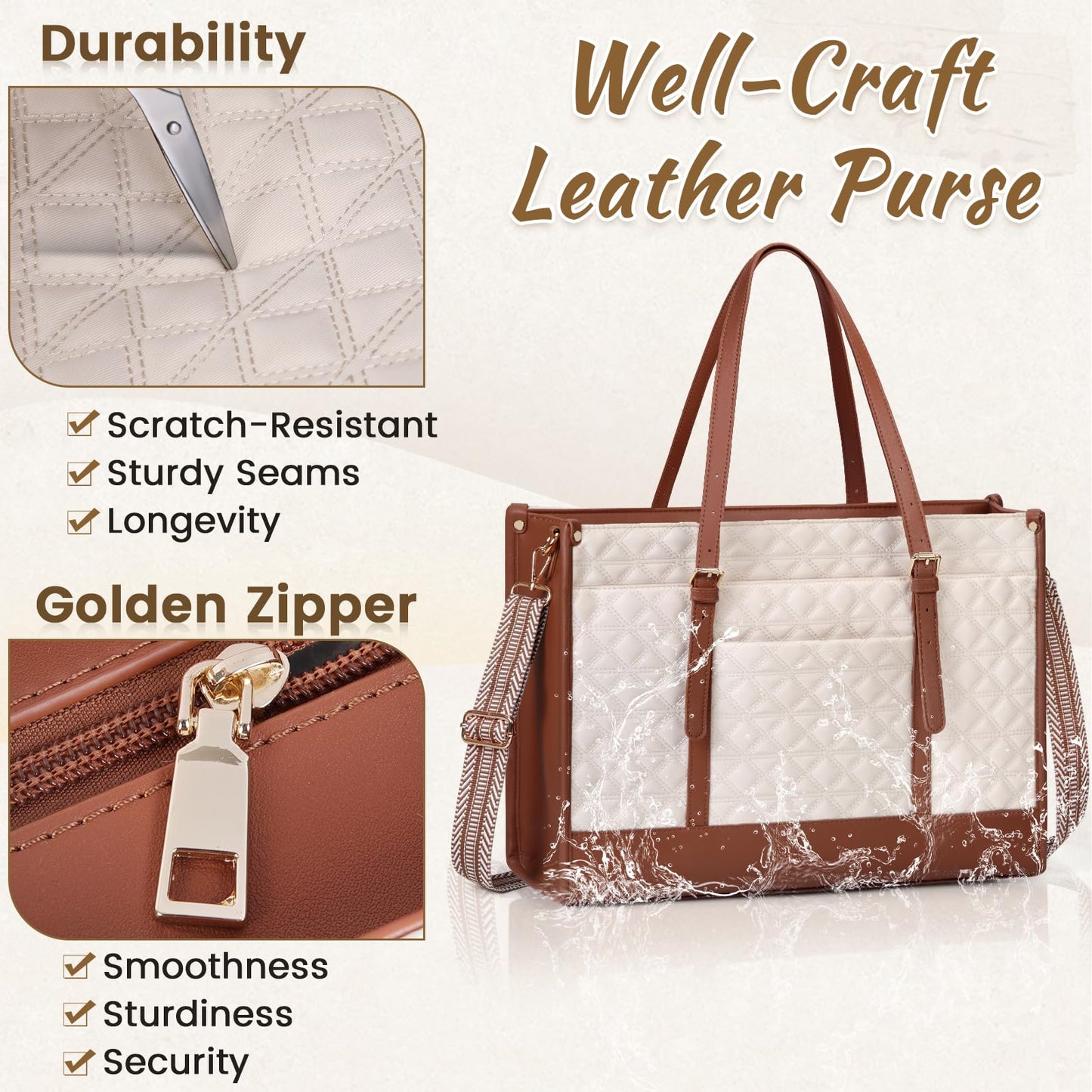 IGOLUMON Laptop Bags for Women Vegan Leather Laptop Bag 15.6 Inch Quilted Work Tote Bag Womens Laptop Briefcase for Business Travel Office Teacher Designer Computer Bag with Purse Beige & Brown