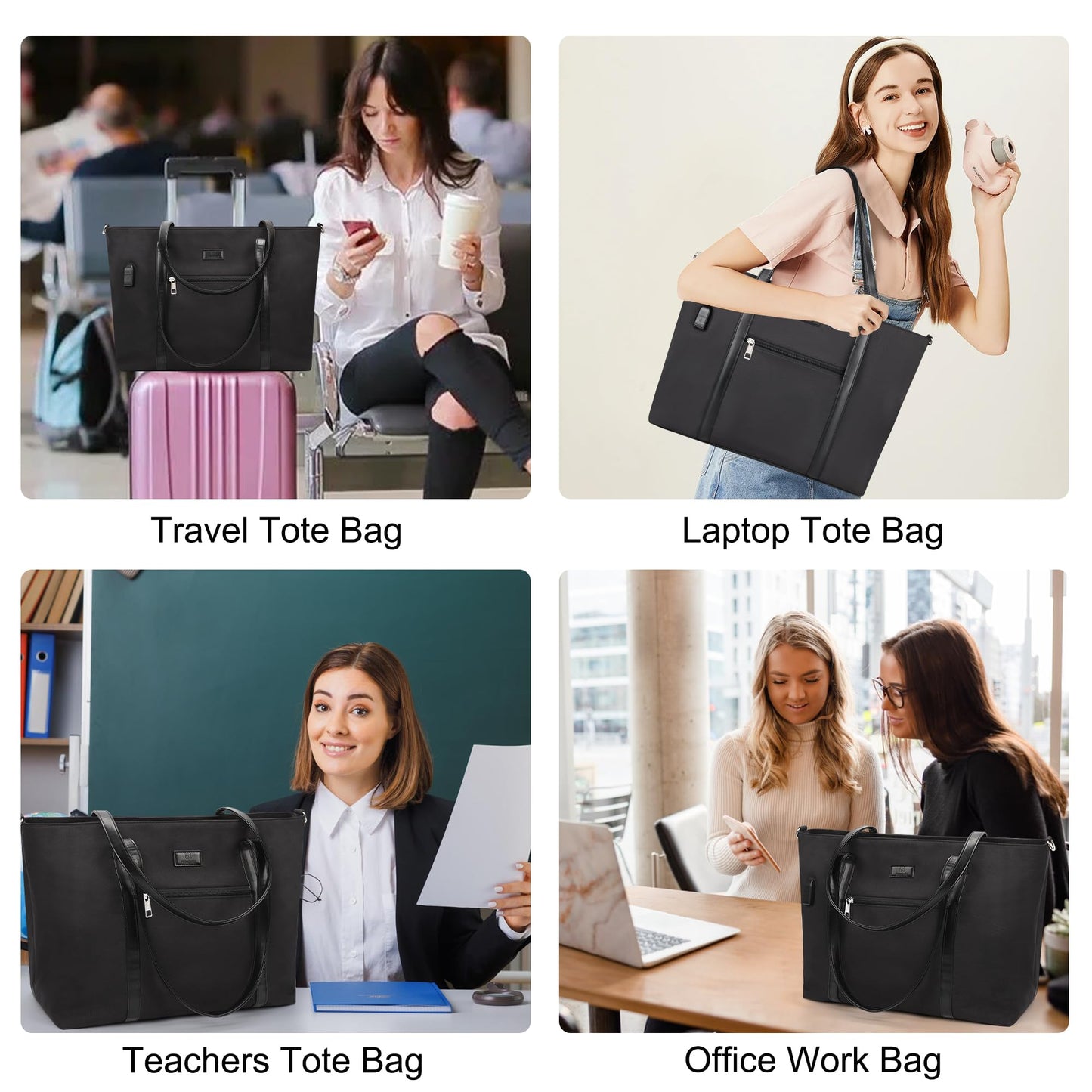 Laptop Bag for Women 17.3 Inch Laptop Tote Bag Large Work Tote Bag Waterproof Work Bag Teacher Bag with USB Charging Port Computer Tote Bag Nylon Handbag Satchel Shoulder Bag(17.3 inch, Black)