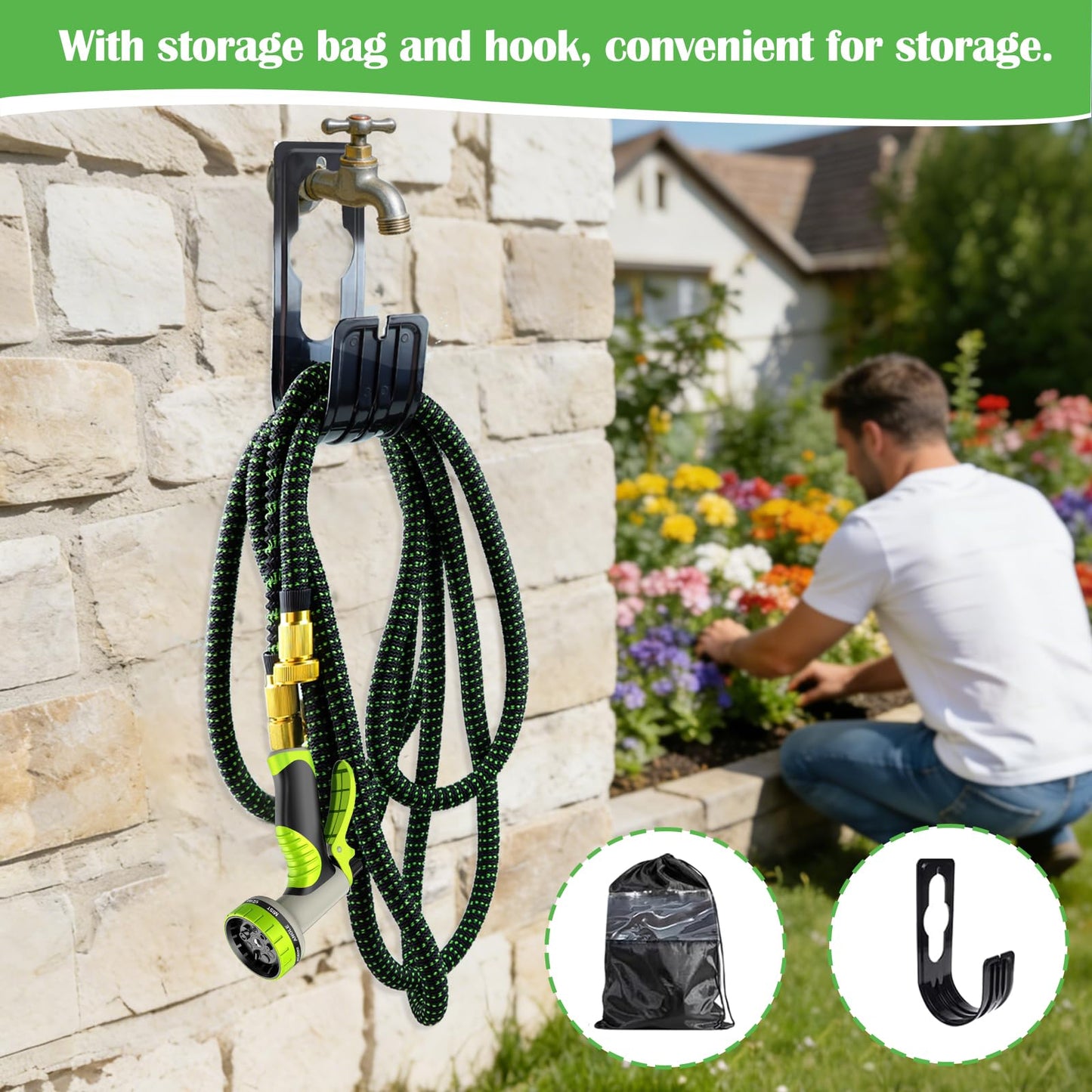 Expandable Garden Hose 100ft Water Hose with 10 Function Nozzle Flexible Expending Hose Kink Free,3-Layers Latex,3/4 Solid Solid Fittings Retractable Collapsible Gardening Hose Pipe with Hook Green