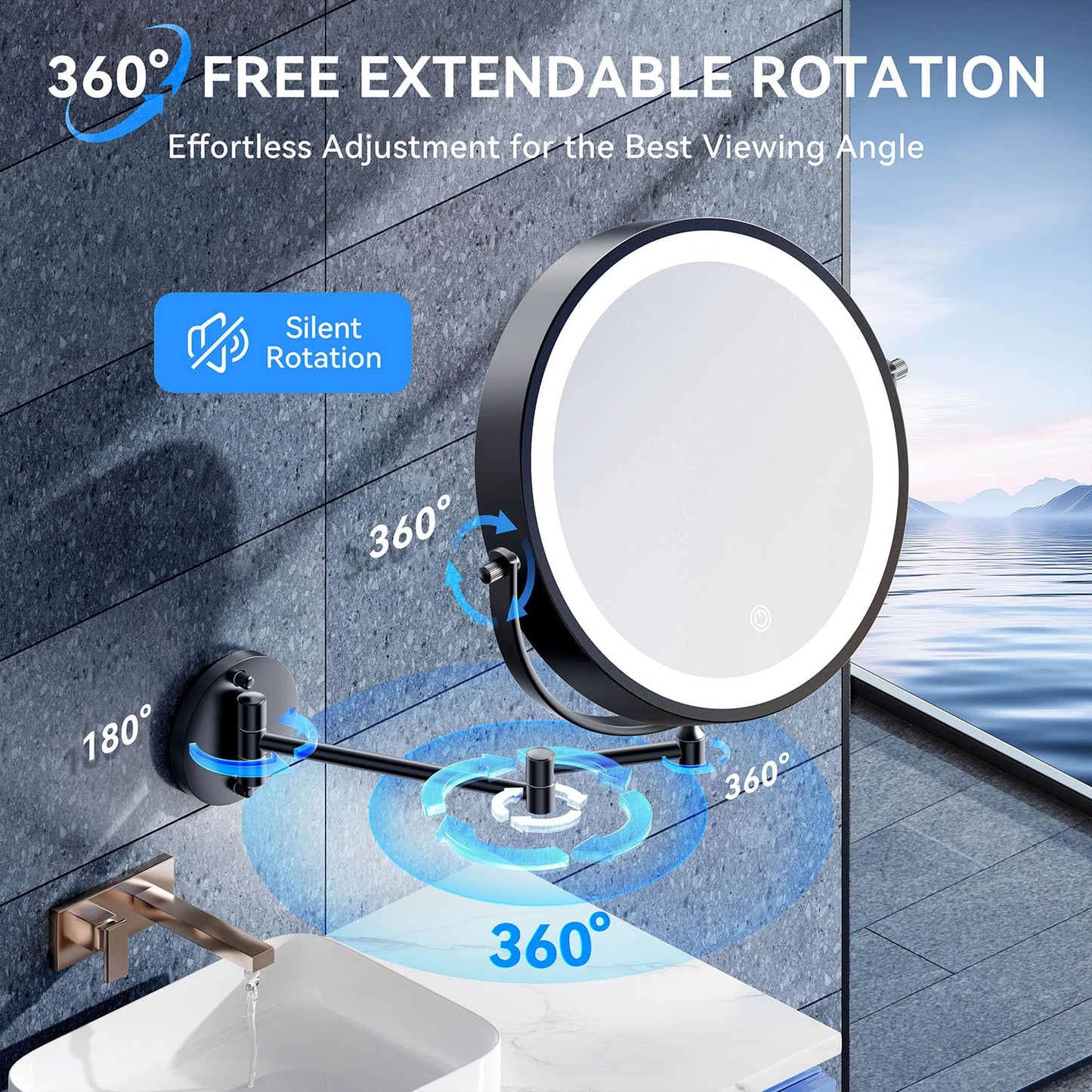 Auxmir 5000mAh Rechargeable Wall Mounted Makeup Mirror, 1X/30X Double Sided Magnifying Bathroom Mirror, 10" Lighted Vanity Mirror with 3 Color Modes, Touch Dimmable, 360° Swivel Extended Arm, Black