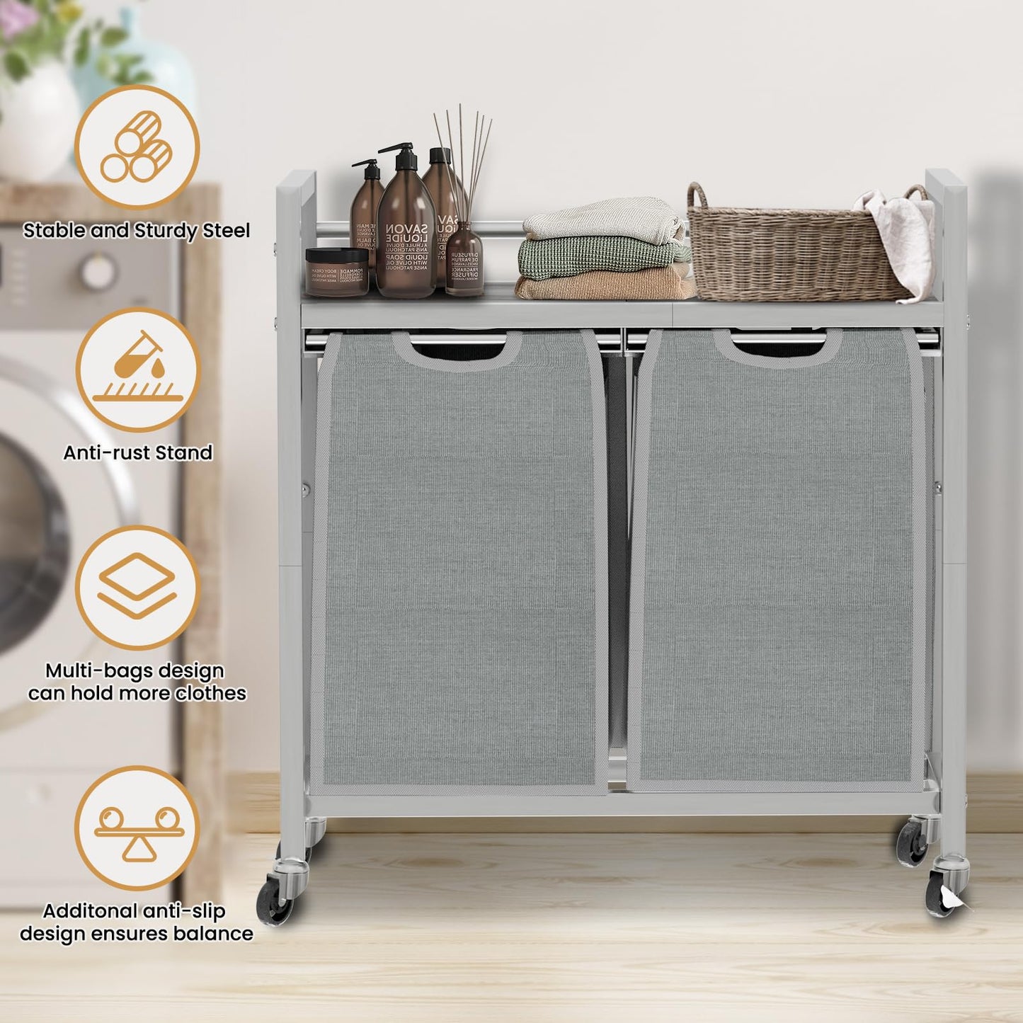 SwaaVee Laundry Hamper Basket, Laundry Sorter with 2 Removable Bags, Clothes Basket with 2 Compartments, Wheels, Shelf for Laundry Room Bathroom Bedroom (2 Bags-Grey)