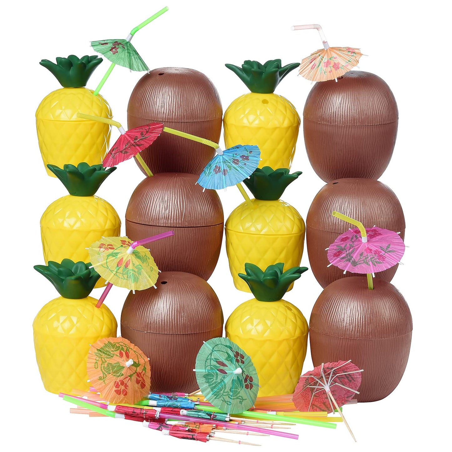 NINU 12 Pack Coconut Pineapple Cups with 12 Umbrella Straws and 12 Umbrella Cocktail Drinking Picks, Hawaiian Luau Tiki and Beach Theme Party Decorations for Kids/Adults