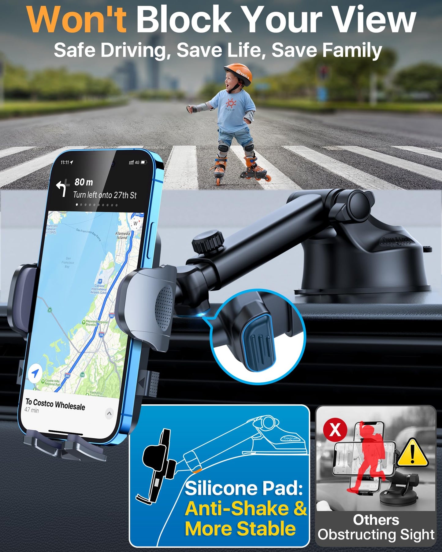 2025 Upgraded Pro Version Phone Holder for Car [Patent & Safety Certs] (Bumpy Roads Friendly) Universal Long Arm Military-Grade Strong Suction Cell Phone Mount Car Dashboard Windshield Vent,Black