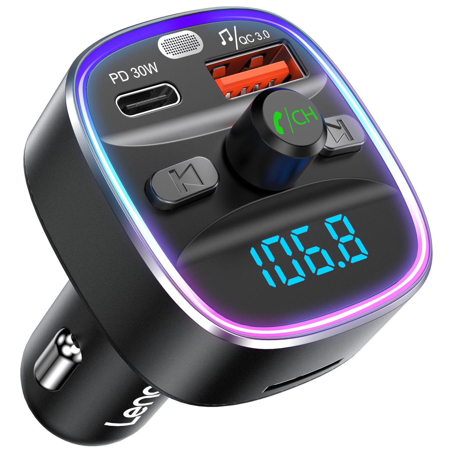 LENCENT Bluetooth 5.4 FM Transmitter Car Adapter 48W [PD 30W & 18W] [7 Color Light] [Fast Charging] Wireless Radio Music Adapter Hands-Free Calling, Support USB Drive & TF Card