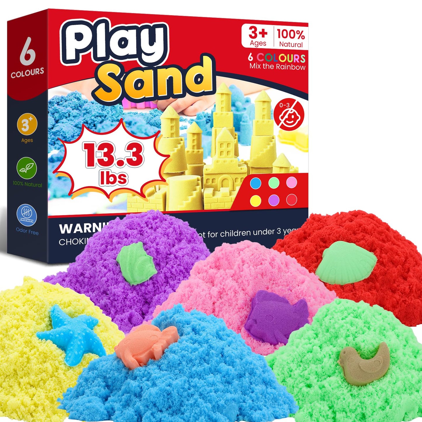 FURWEY 13.3lbs Play Sand,Mixed Packaging of 6-Color Sensory Sand,Suitable for Children to Shaping, Squeezing and Molding