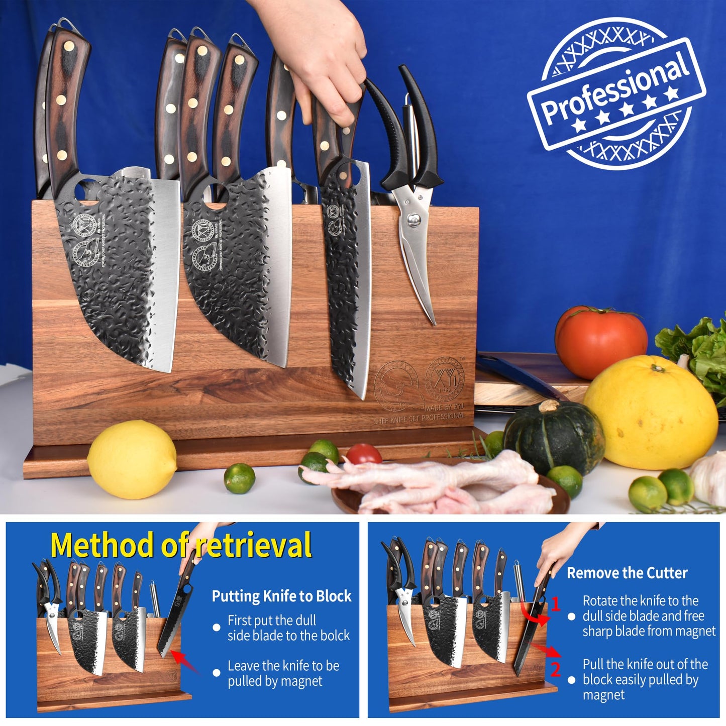 XYJ Magnetic Knife Block for Stainless Steel Knives,Scissors,Natural Wooden Holders Double Side Knife Storage Organizer Kitchen Cutlery Knife Stand