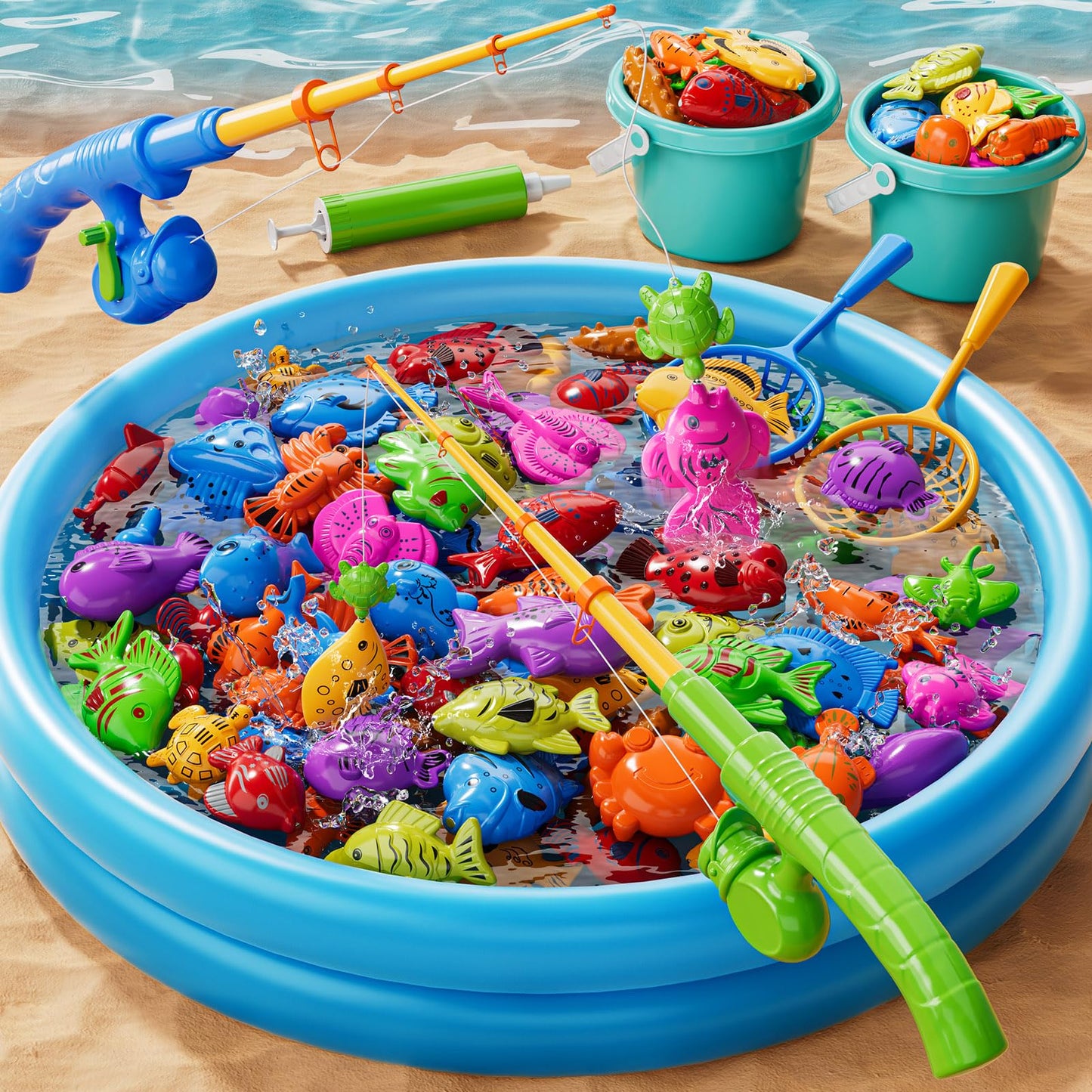 KIZONLY Magnetic Fishing Game for Kids 3-5 4-8 - Fish Toys for Kids 3-5, Bathtub Floating Fishing Pole, Water Table Pool, Rod Net and Pail, Bath Outdoor Gifts for Toddlers Age 3 4 5 6 7 8 Year Old
