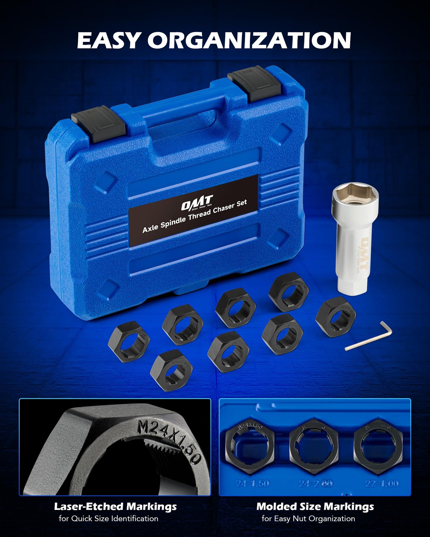 Orion Motor Tech 10pc Axle Spindle Threading Set, Axle Thread Repair Kit with 8 Dies 1-1/16" Extension Bar, Axle Nut Rethreader with M20 M22 M24 & 13/16" 3/4" UNEF Nuts, Rethreading Tool Kit with Case