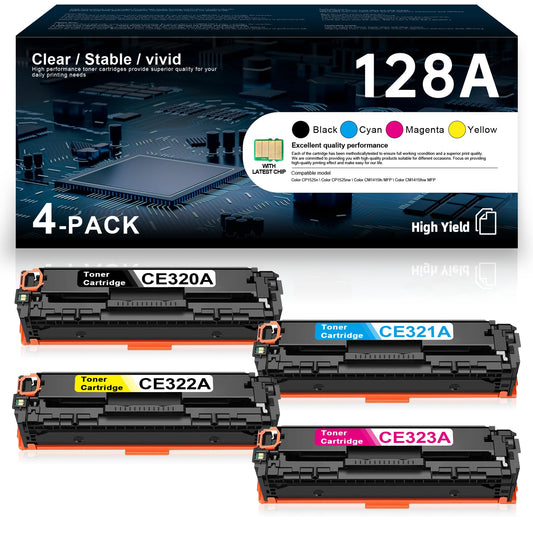 128A Cartouches d'encre 4-Pack Haute Performance (Noir, Cyan, Magenta, Jaune), Compatible avec Imprimantes HP Color Laserjet CP1500 & CM1400 Series | Pour CP1525nw/CM1415fnw & Éco-Certifié