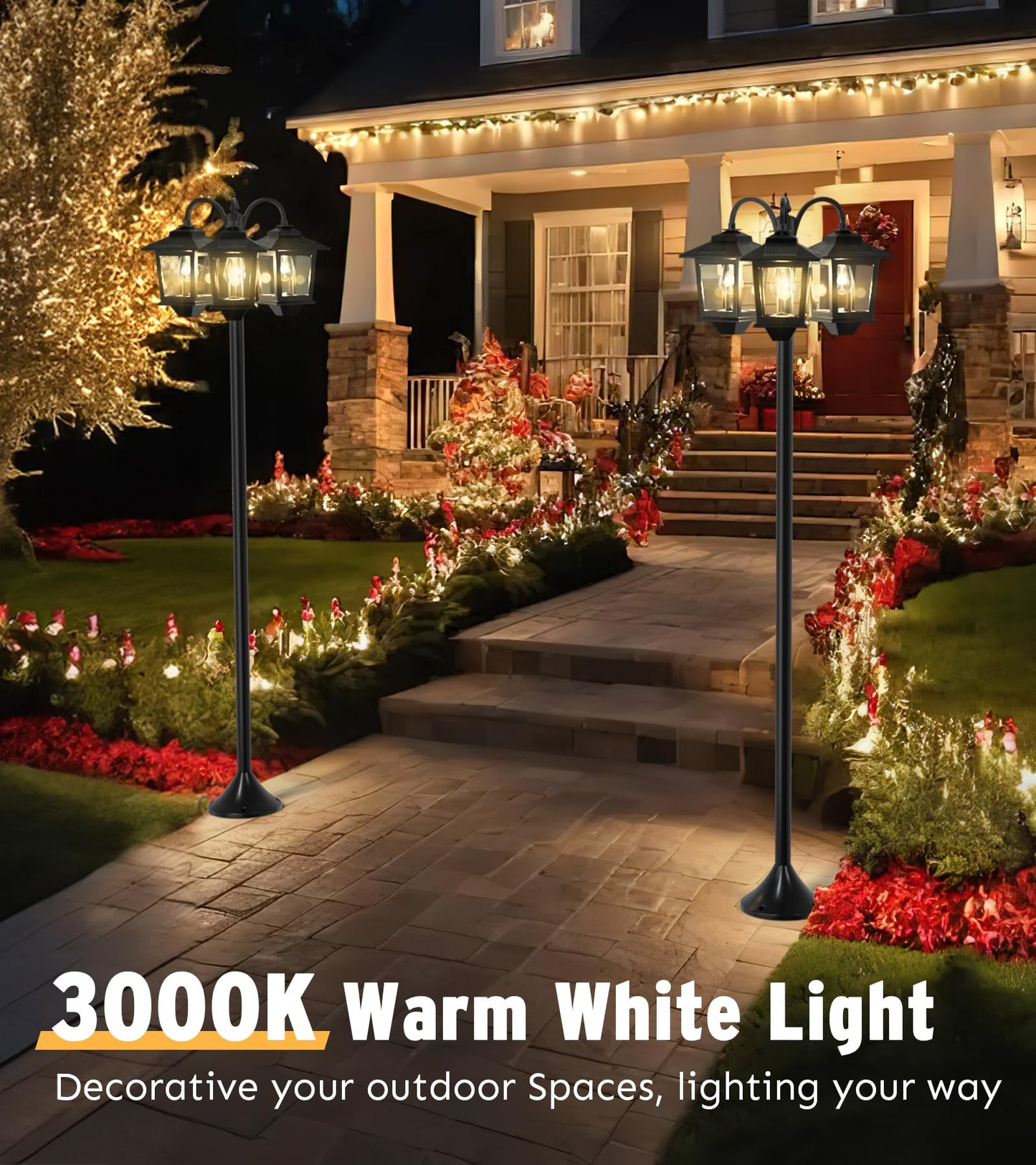 73" Aluminum Solar Lamp Post Light, 3-Head Solar Light Posts for Outside Waterproof, 90Lm Outdoor Lamps for Patio, Backyard, Front Porch Decor, Warm White, Replaceable Bulb