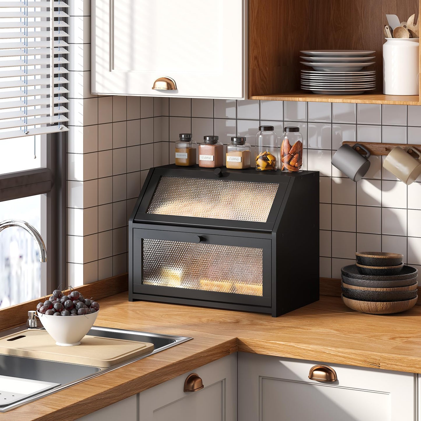 Bread Box for Kitchen Countertop Bin Double Layer Bread Box Storage Container Extra Large Capacity Farmhouse with Diamond Pattern Windows (Black)