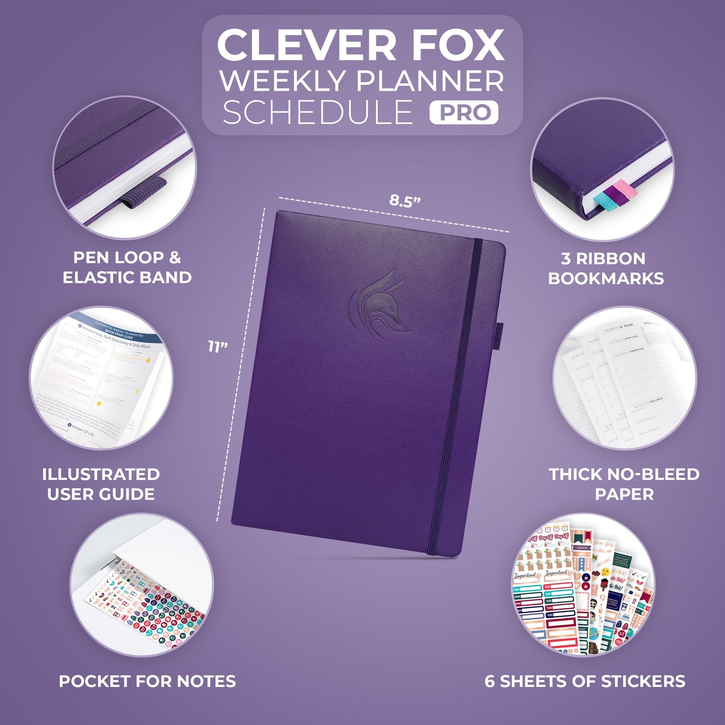 Clever Fox Planner PRO Schedule – Weekly & Monthly Life Planner with Time Slots, Appointment Book and Daily Organizer to Increase Productivity, Undated, A4 Size Hardcover, Lasts 1 Year – Purple