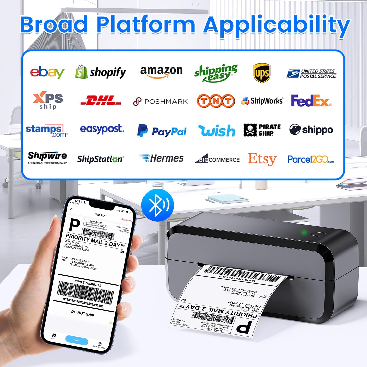 Bluetooth Thermal Shipping Label Printer, Wireless 4x6 Label Printer for Shipping Packages & Small Business, Compatible with Android, iOS, Windows and Mac, Widely Used for Ebay, Amazon, Shopify, Etsy