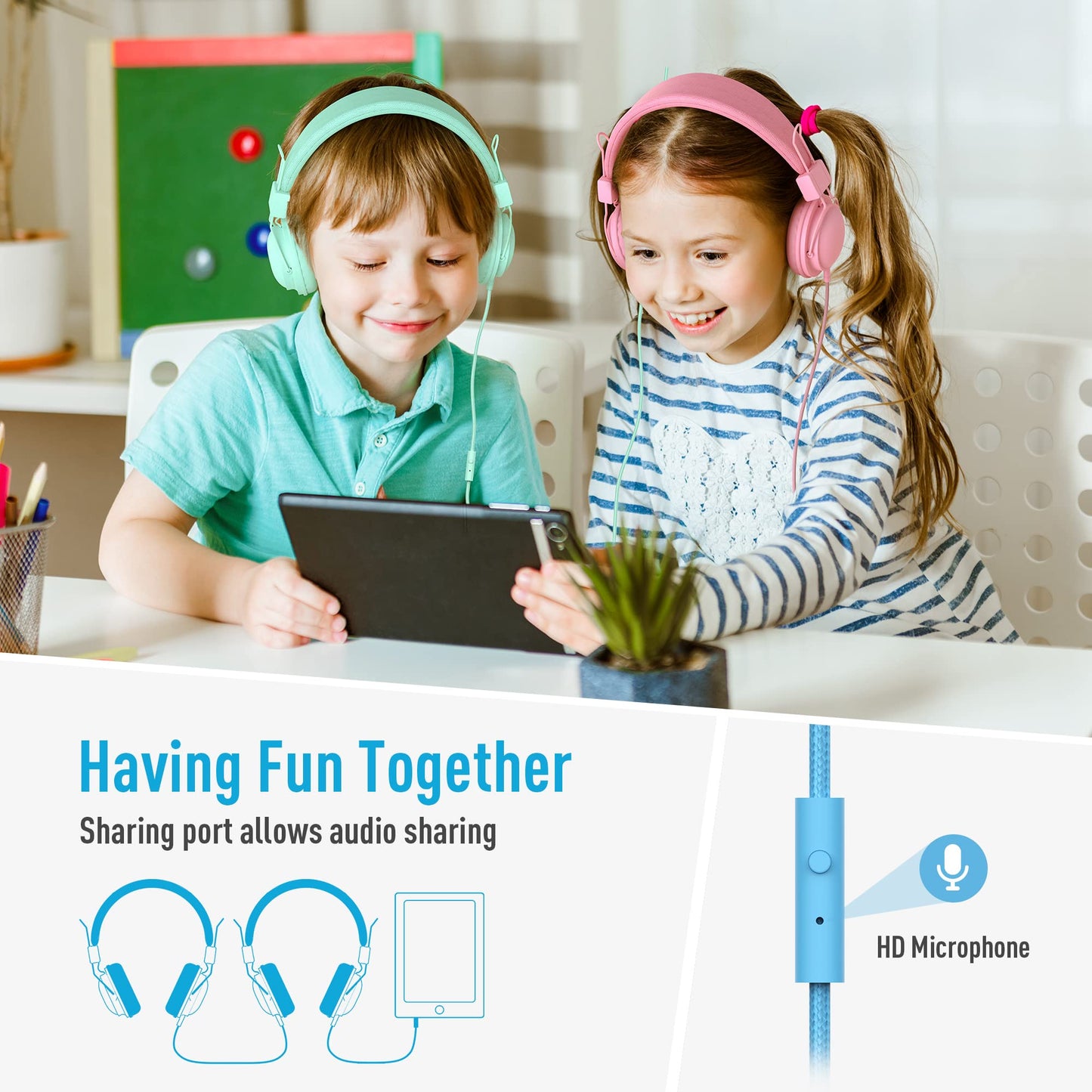 AILIHEN HD850 Classroom Headphones Bulk 10 Pack for Kids K-12 Students, School Wired Headphones with Microphone & 85dB Volume Limited & Sharing Function & Reward Stickers for Chromebook (Multicolors)