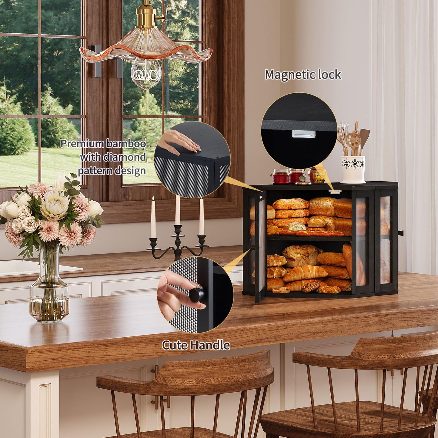 Furshus Corner Bread Box for Kitchen Countertop,Bread Storage for Homemade Bread, Double Layer Large Bamboo Kitchen Storage Bin with Window (Black, Medium)