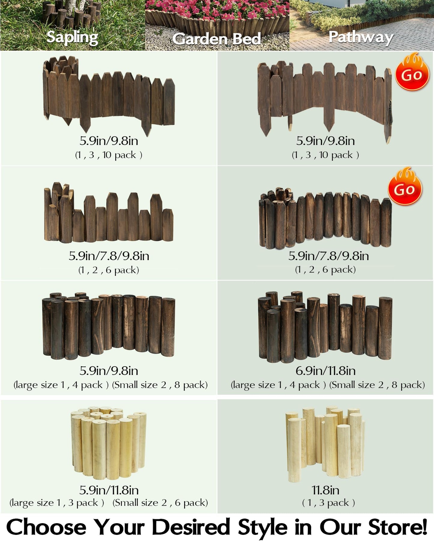 Wood Garden Edging, Flexible Freestanding Pine Fence for Garden Borders, Flower Beds, Pathways, Patios & Landscaping, Reusable Outdoor Border Edging, 6.9” H x 3 ft L Each (2 Pack)