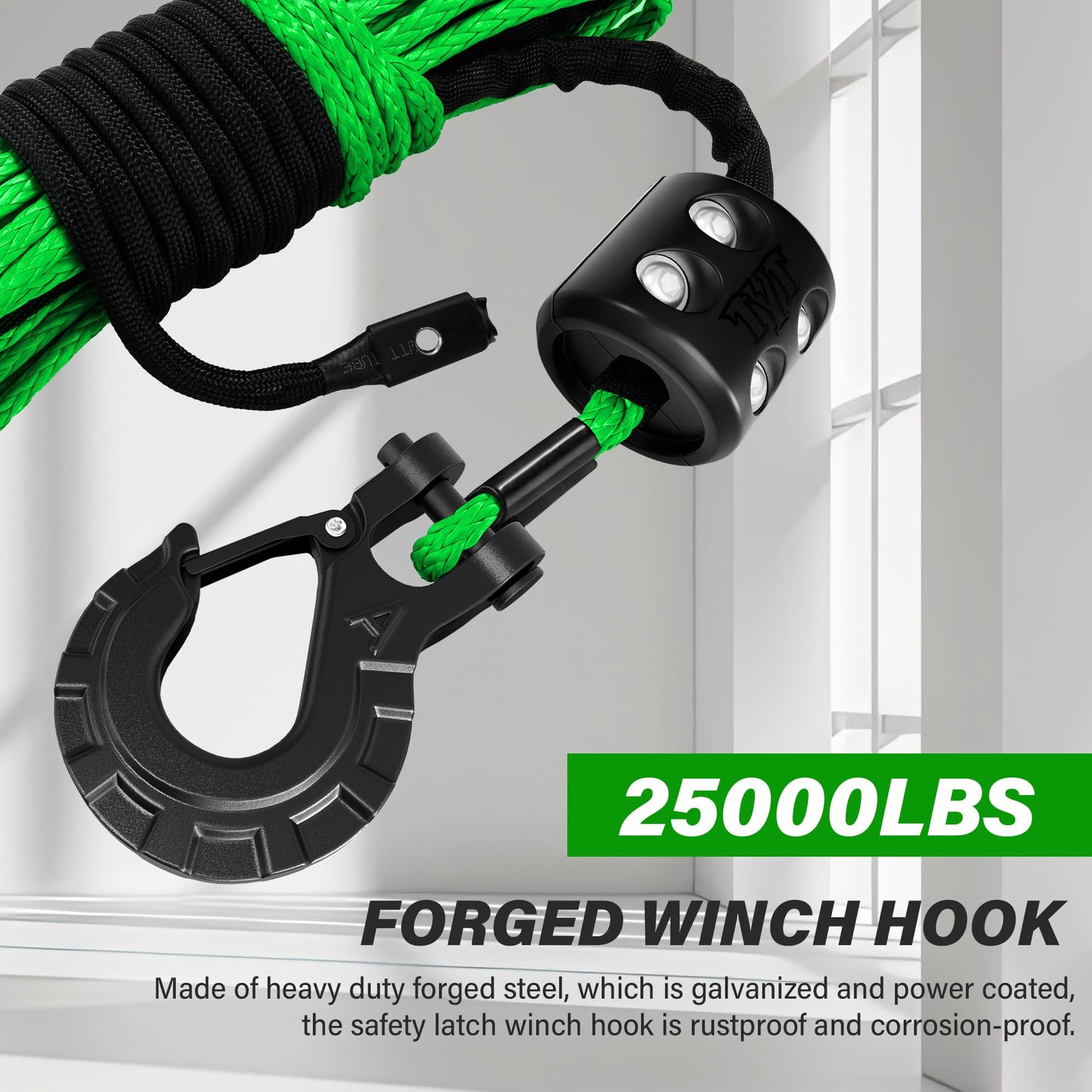 TYT Synthetic Winch Rope Kit, 1/4" x 50' (10,000 lbs) with Protective Sleeve, Heavy-Duty Hook, Rubber Stopper & Safety Pull Strap, for ATV/UTV and Off-Road 4x4 Vehicles (Green)