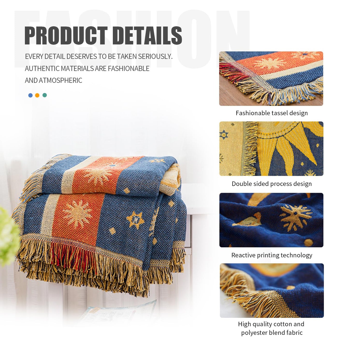 Boho Throw Blanket | Double-Sided Cotton Boho Blanket | Tasseled, Celestial Tapestry | Ideal for Western Decor, Sofa, Bed, Travel | Yellow/Blue, 71"x51"