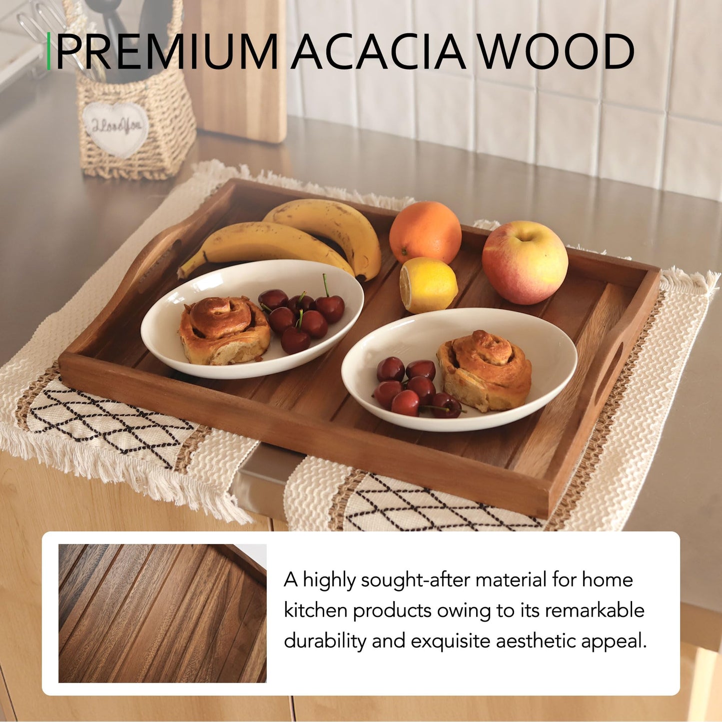 Large Acacia Wooden Serving Tray with Handles 50.5 x 35.3 cm Decorative Coffee Table Ottoman Tray for Living Room Extra Large for Dinner Food Bar Breakfast in Bed (Natural)