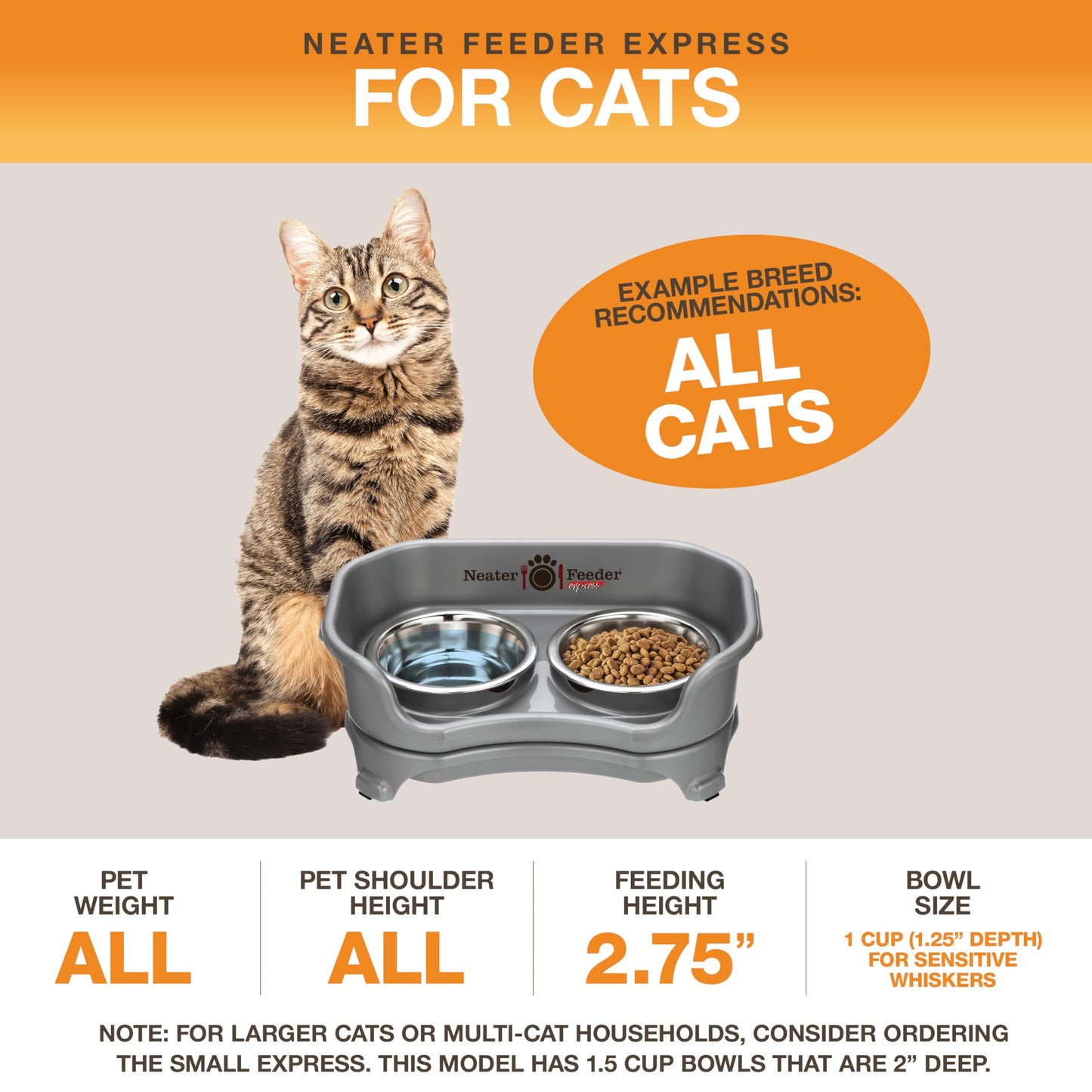 Neater Feeder Express for Cats - Mess Proof Pet Feeder with Stainless Steel Food & Water Bowls - Drip Proof, Non-Tip, and Non-Slip - Gunmetal Grey