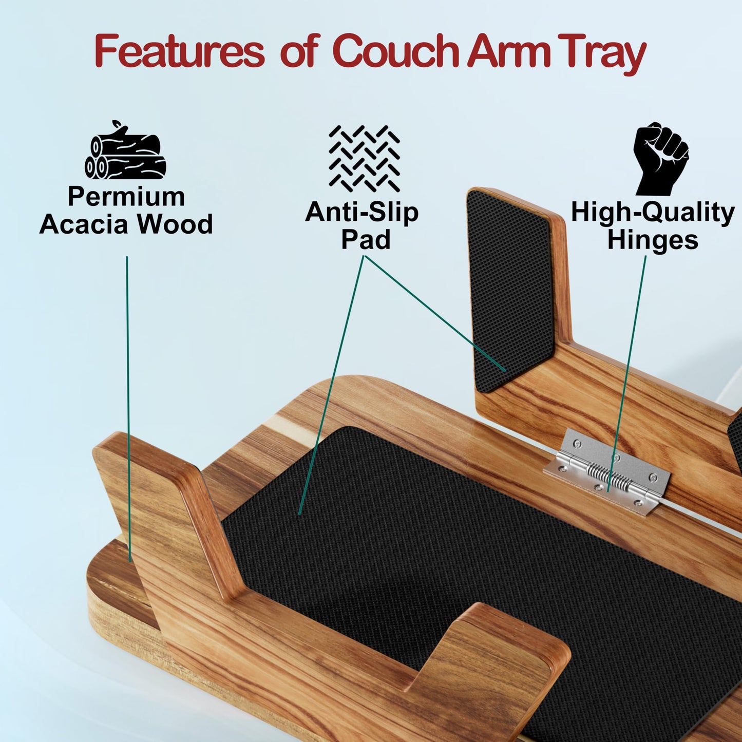 ZUJJAFY Couch Armrest Table, Acacia Wood Couch Arm Tray, Clip-On Sofa Arm Tray Table for Drink Eating Snacks Remote and Control