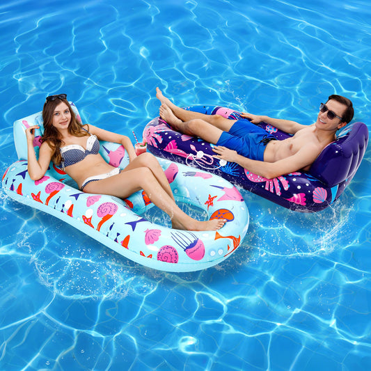 PuppyuWill 2 Pack Pool Floaties for Adults,Inflatable Pool Lounger Float Heavy Duty with Cup Holder, Backrest & Footrest Pool Lounge Float Extra Large Pool Rafts for Adults Beach Lake Party