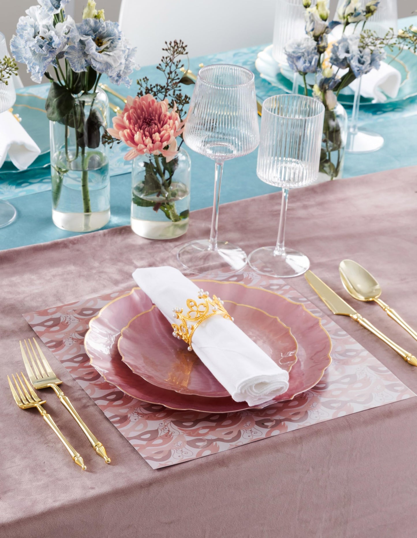 PLASTICPRO 48 Piece Aristocratic Combo Plastic Dinner Plates Disposable Plastic Fancy Heavy Duty Party Dishes 24, 7'' inch and 24, 10'' inch, Pearl Pink With Gold Rim