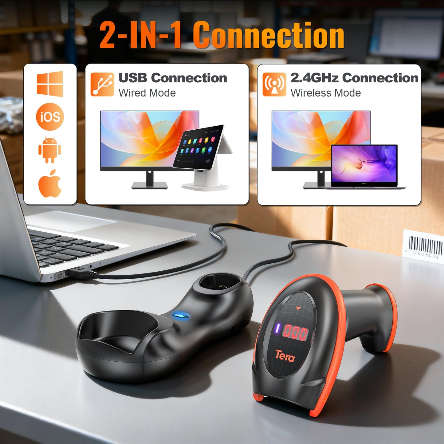 Tera Pro Wireless 1D 2D QR Barcode Scanner with Counting Screen and Charging Cradle Extra Fast Scanning Speed Ultra High Resolution Handheld Imaging Bar Code Reader for Warehouse Inventory HW0008