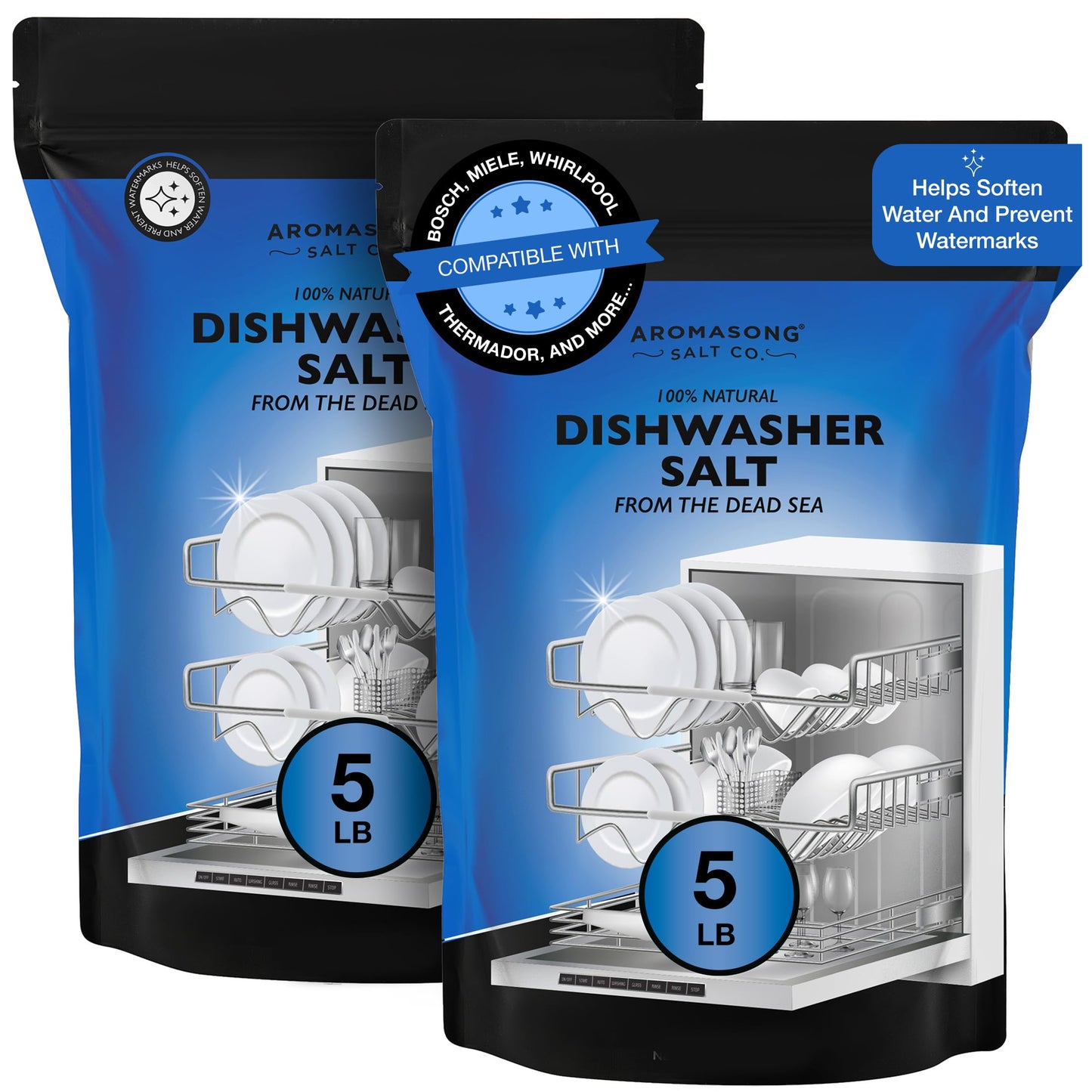 Aromasong Dishwasher Salt 10 LB - 100% Natural Water Softening Agent for Cleaner Dishes & Washer Reactivation - Compatible with Bosch, Miele, Whirlpool, Thermador, and more.