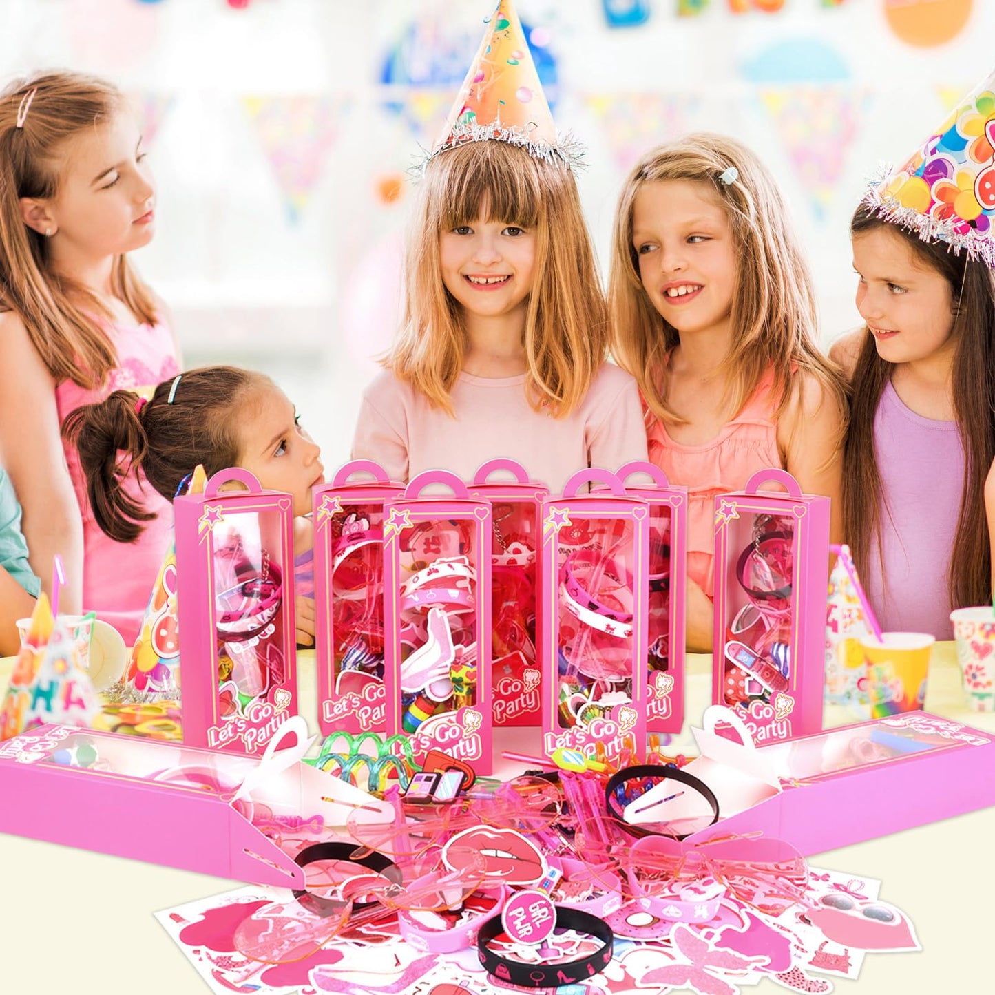 132Pcs Pink Birthday Party Favors Supplies with Goodie Candy Boxes Stuffers Includ Straw Glasses Bubble Stick Bracelet Keychain Tattoo Stickers Etc for Girls Birthday Party Decorations Supplies