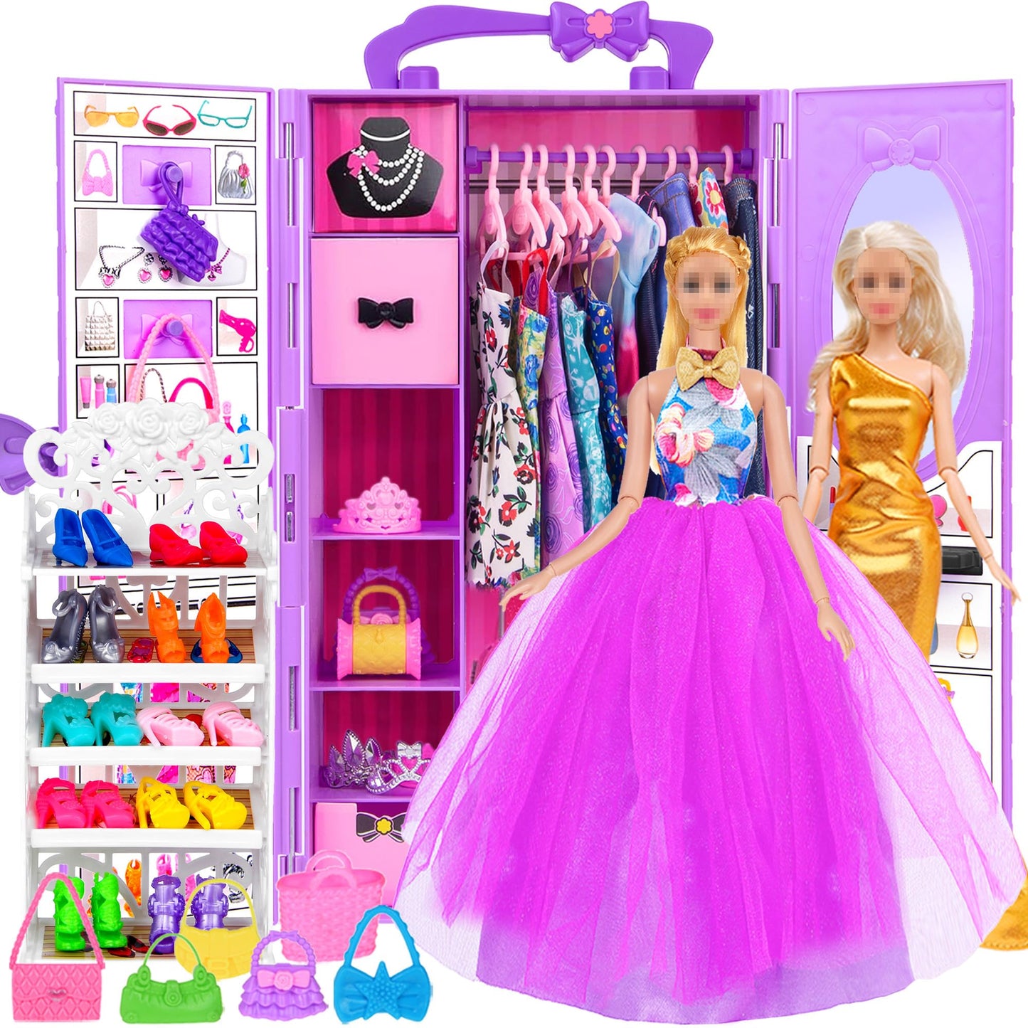 ebuddy Doll and Accessories -11.5 Inch Doll with Closet Including-one Girl Doll, 12 Looks, Rack Dress Shoes Hangers Necklace and Other Accessories