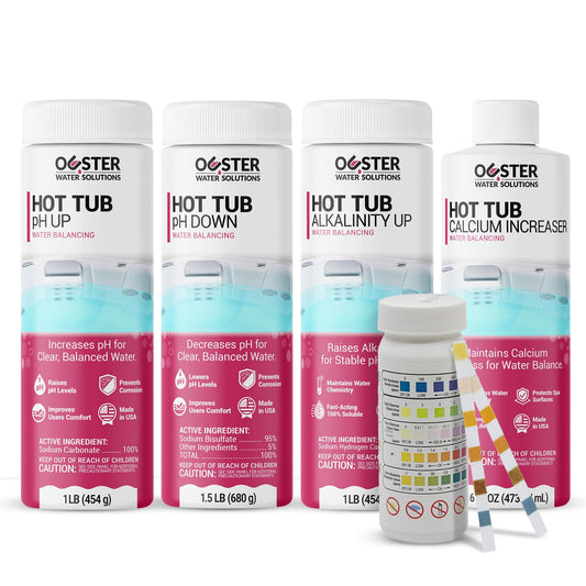 Bio Ouster Hot Tub Water Balancing Kit – Spa pH Up, pH Down, Alkalinity Increaser, Calcium Hardness Increaser & Test Strips – Spa Chemicals Starter Kit for Inflatable & Acrylic Hot Tubs – Made in USA