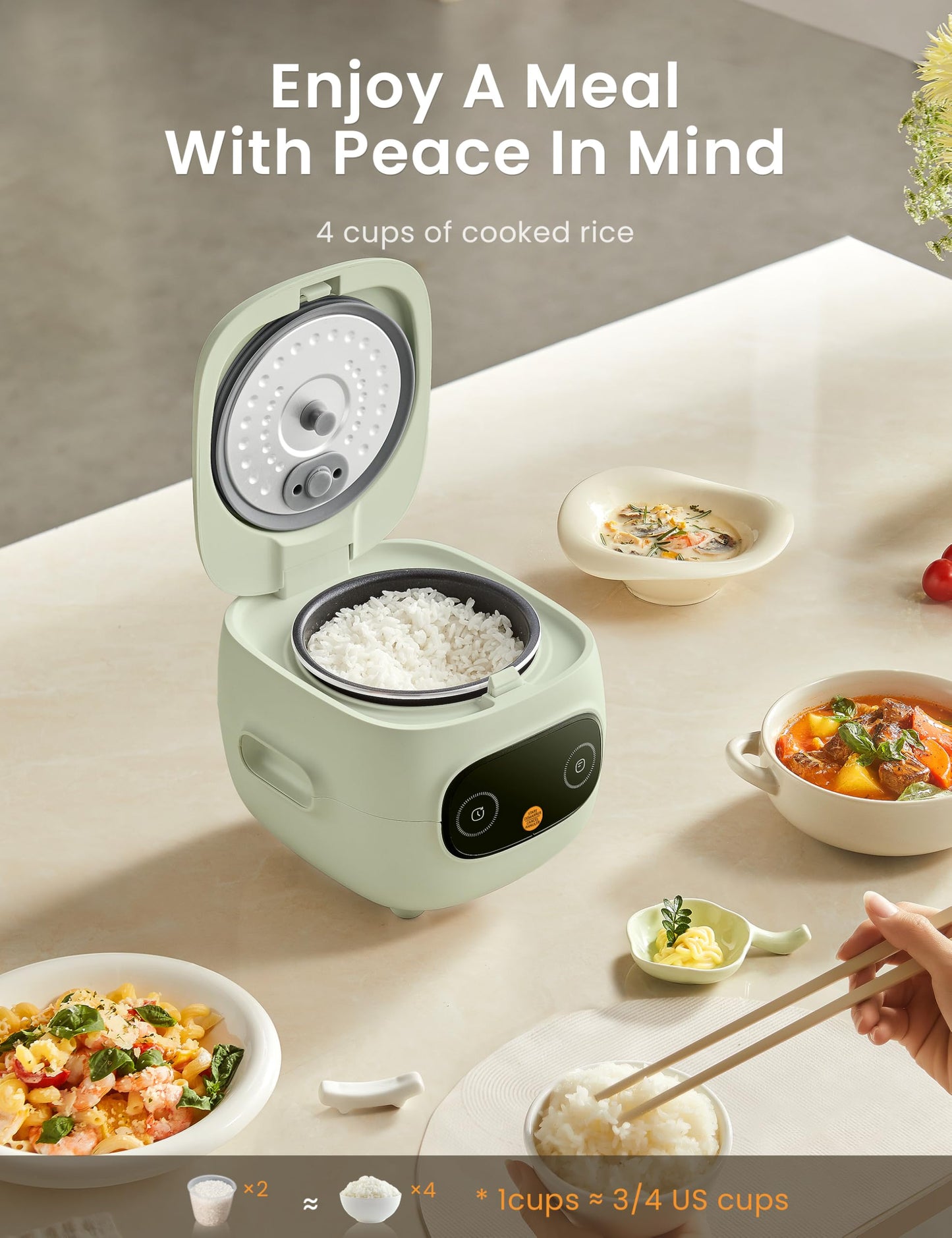 COMFEE' Mini Rice Cooker 4 Cups Cooked/2 Cups Uncooked, Portable Non-Stick rice maker, 24 hours Timer Delay, 6 Functions, Fast Cooker, Brown Rice, Oatmeal, Sage Green Color