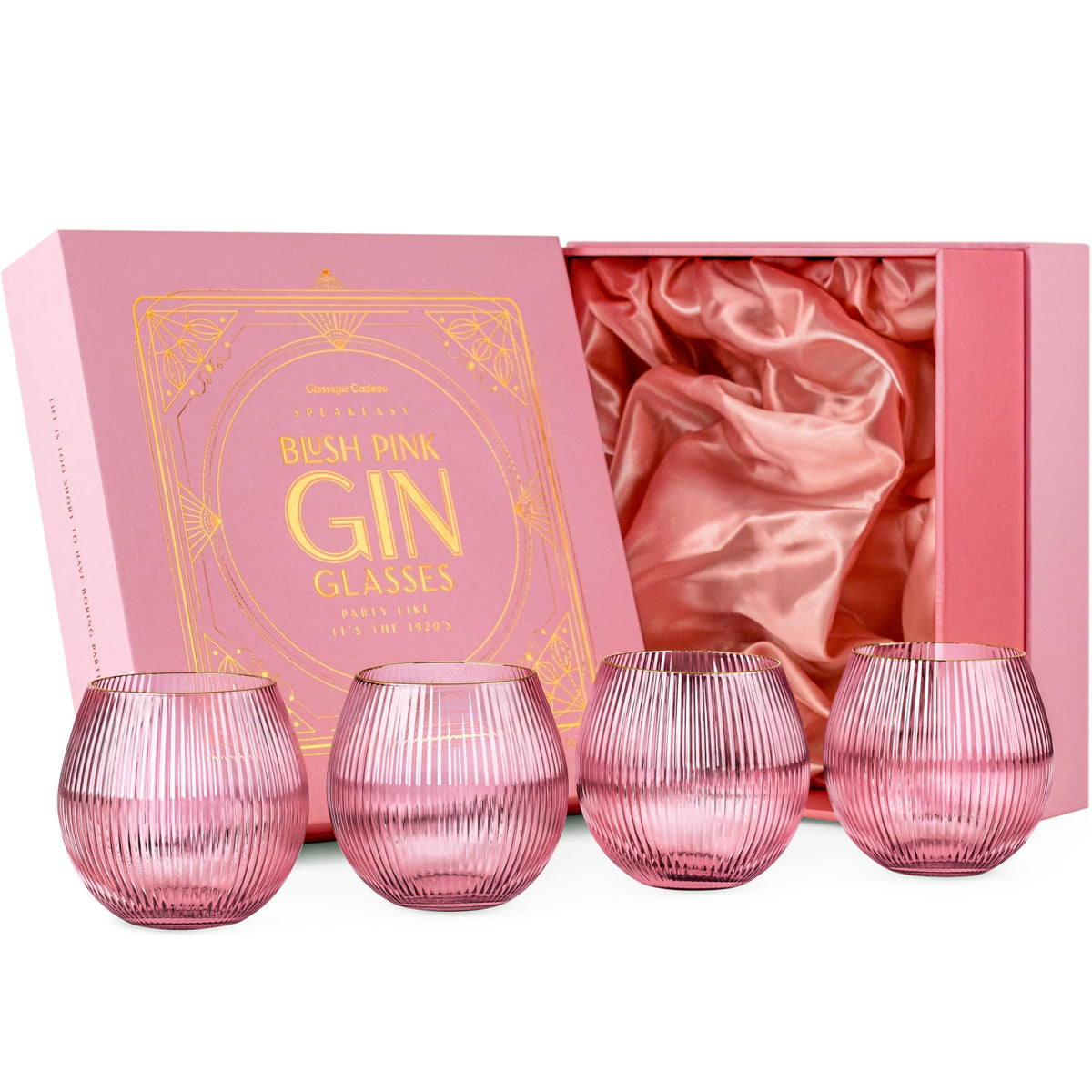 Vintage Blush Pink Art Deco Gin and Tonic Glasses With Gold Rims | Set of 4 | 13.5 oz Stemless Crystal Balloons for Cocktails | Retro Gift Goblets for Gin Lovers