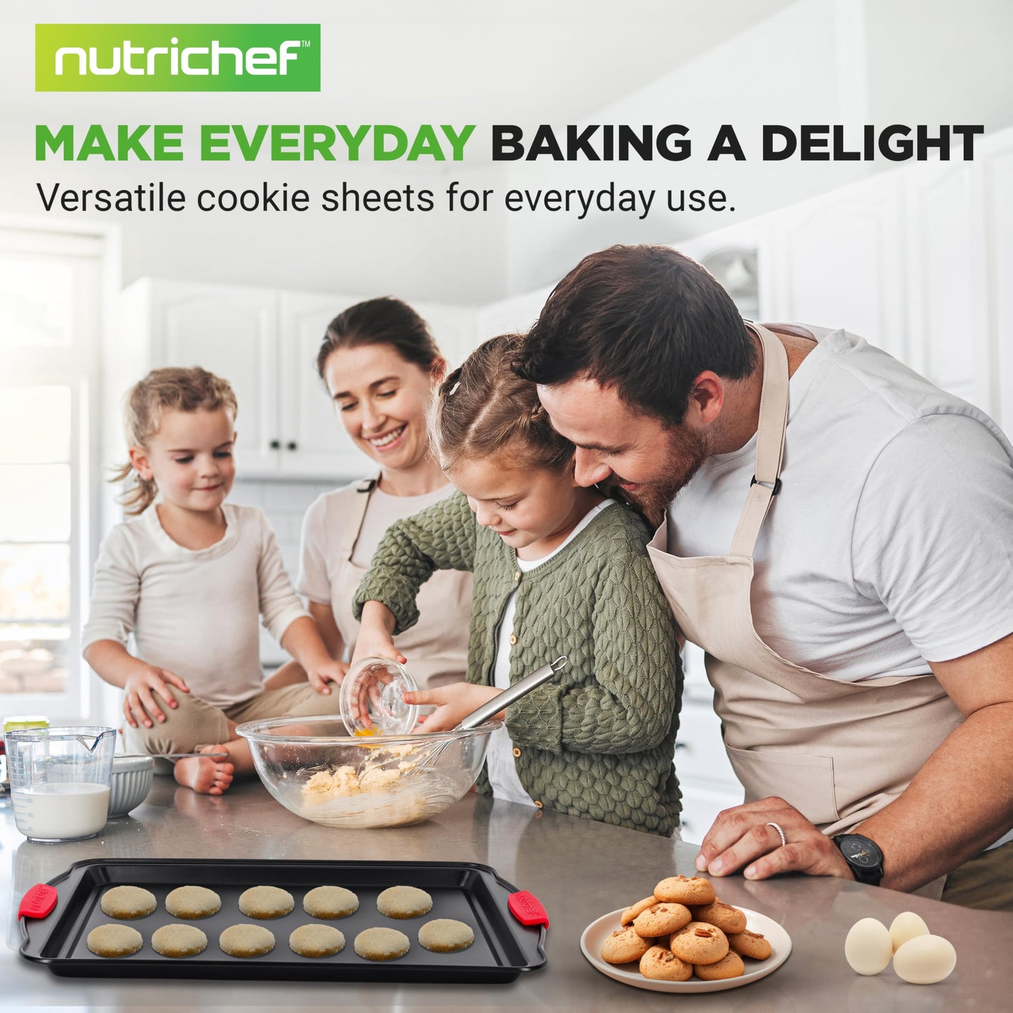 NutriChef Baking Sheet Set - 3 Piece Nonstick Cookies Sheets, Premium Quality Carbon Steel with Silicone Handles for Meal Prep, Sheet Pan Dinners, Roasting