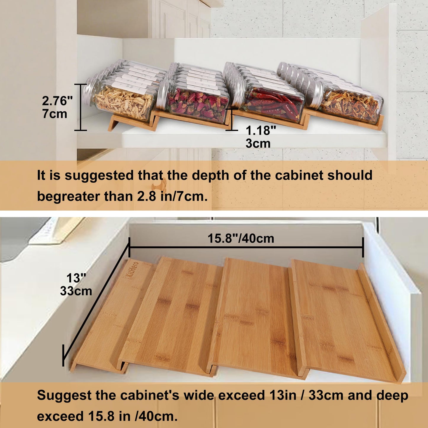 KitHero Spice Drawer Organizer with 24 Jars and 216 Labels,Non-slip Rubber, Bamboo 4 Tier Spice Racks Tray Seasoning Containers for Kitchen Drawers,Cabinets,Countertop,13" Wide * 15.8" Deep