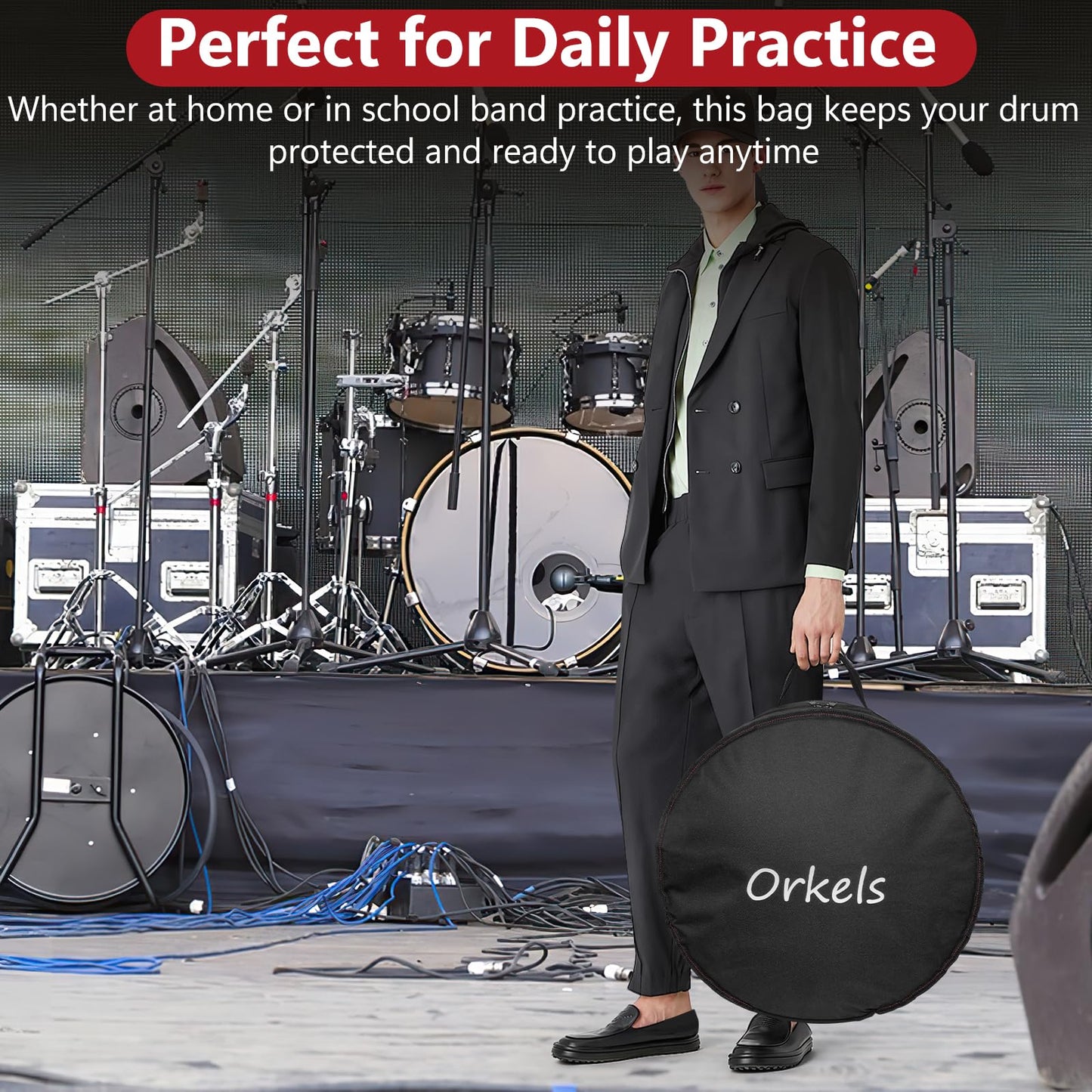 ORKELS Floor Tom Drum Bag – 10mm Padded Travel Case for Floor Tom or Bass Tom, Percussion Drum Gig Bag with Carry Handle for Drummers & Touring Musicians, For-16''x16''/16''x14''