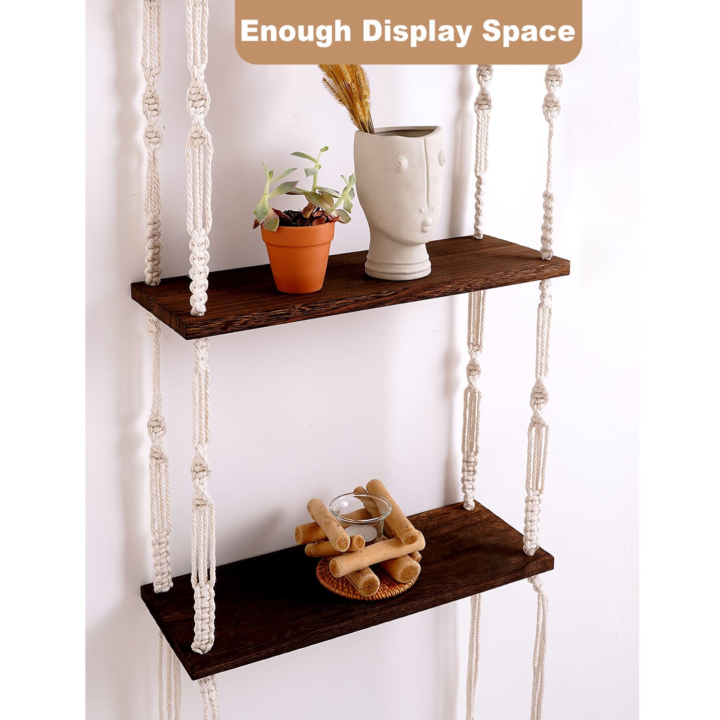 Easever Hanging Shelves, 3-Tier Rustic Plant Shelves, Macrame Wall Hanging Storage, Boho Room Decor for Apartment, Bathroom, Living Room, Bedroom