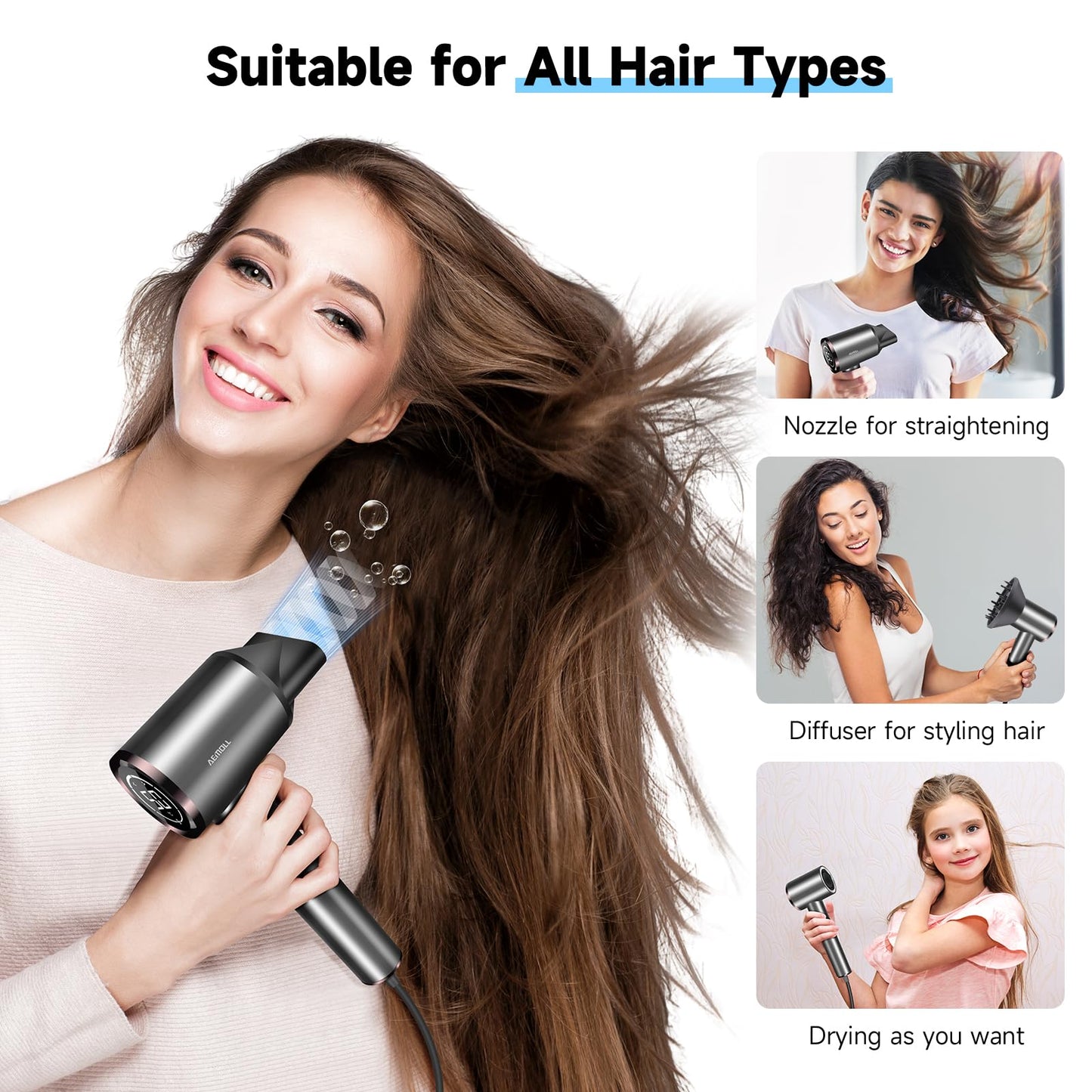AEMOLL Hair Dryer, 150000RPM Professional High-Speed Negative Ionic Care Blow Dryer, Heat-Control, Fast Drying, Low Noise with Magnetic Diffuser and Nozzle, 4 Temps & 3 Speeds, HD Display Gray