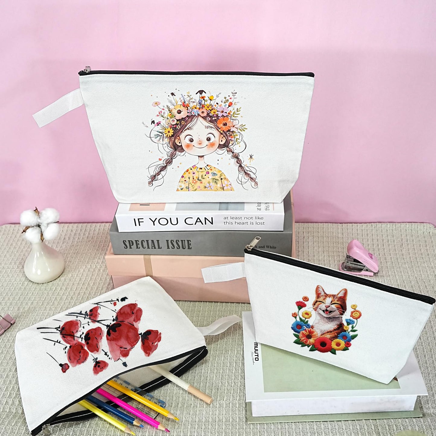 20 12Oz Canvas Pencil Pouch with Bottom and Strap, KOOLMOX Multi-Purpose Cotton Canvas Zipper Travel Toiletry Pouch, Blank for DIY Sublimation (White Bag w/Black Zipper, M, 10.2x5.5x2.1'')