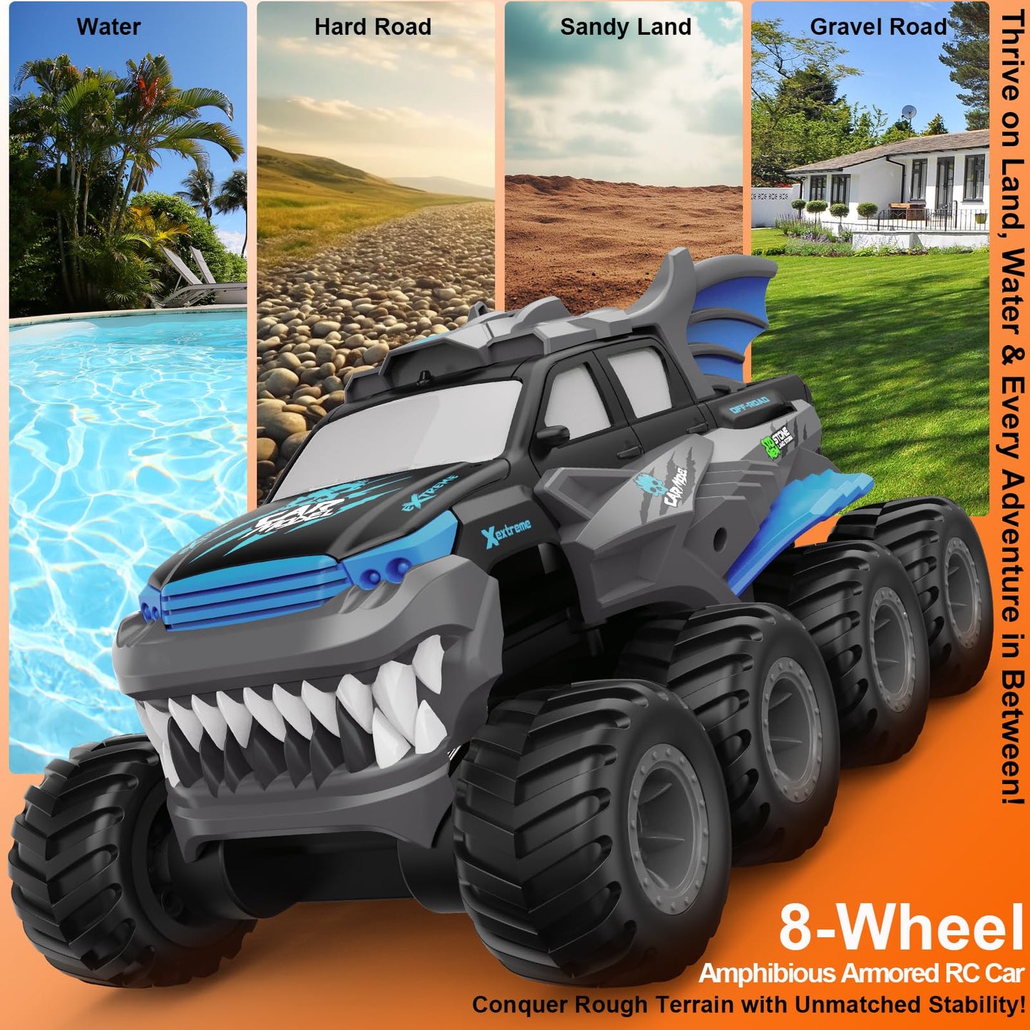 Amphibious Remote Control Car 8WD RC Monster Truck with 2 Rechargeable Batteries for Boys Age 8-12 Offroad Waterproof RC Pickup 2.4GHz All Terrain RC Drift Cars Beach Pool Toys Gifts for Kids Blue