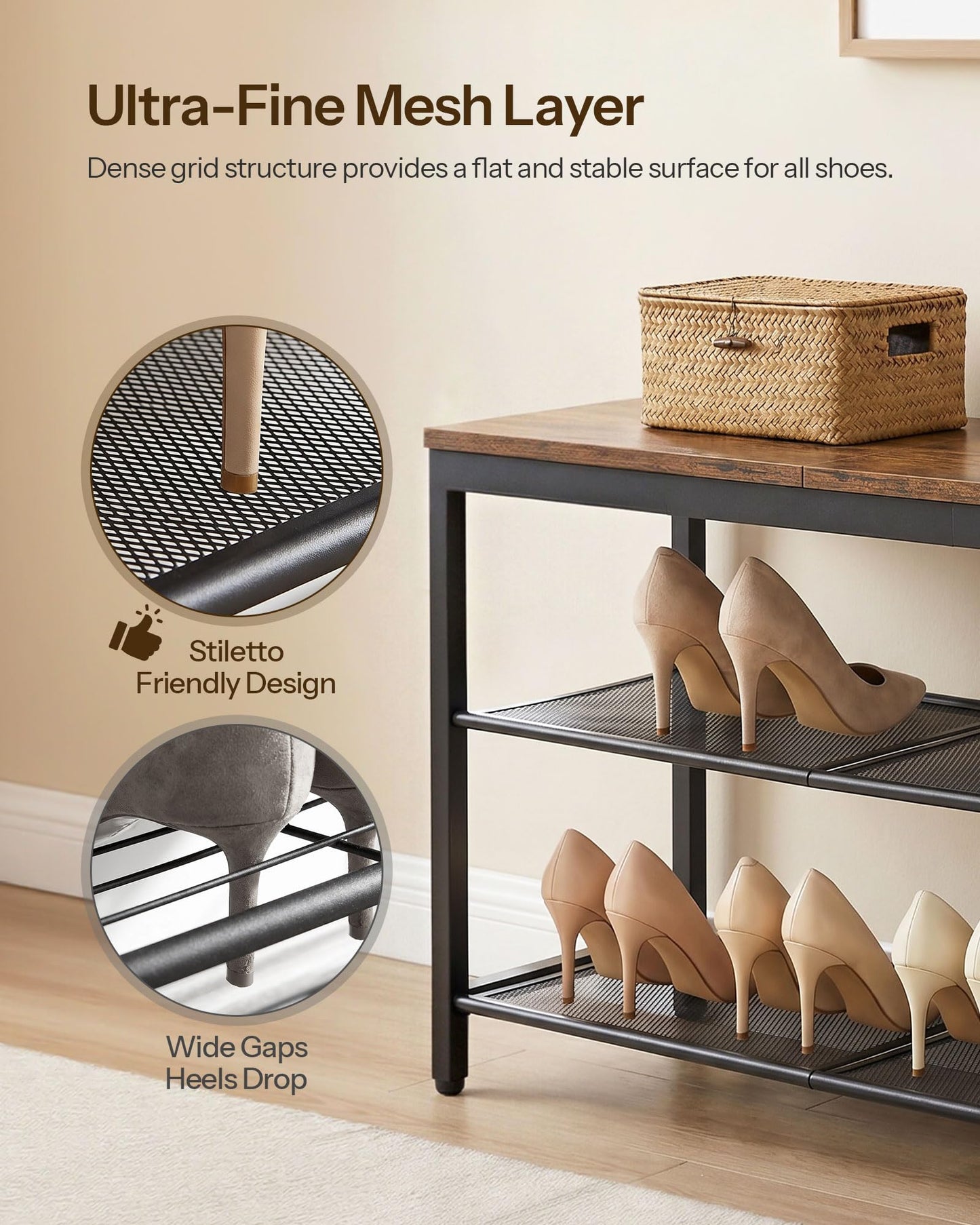 HOOBRO Shoe Bench, 3-Tier Shoe Rack, Industrial Shoe Organizer Storage Bench, 75 cm Entry Bench with Mesh Shelves, for Entryway, Living Room, Hallway, Easy Assembly, Rustic Brown BF75HX01