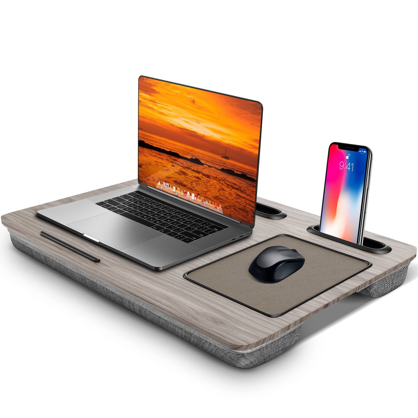 SHOPPINGALL Lap Desk Portable Laptop Stand Desk Fits up to 17" Laptop with Cushion Mouse Pad, Tablet & Cellphone Holder Slot for Sofa Couch & Bed, Home & Office Portable Desk - SA-BR182-Gray
