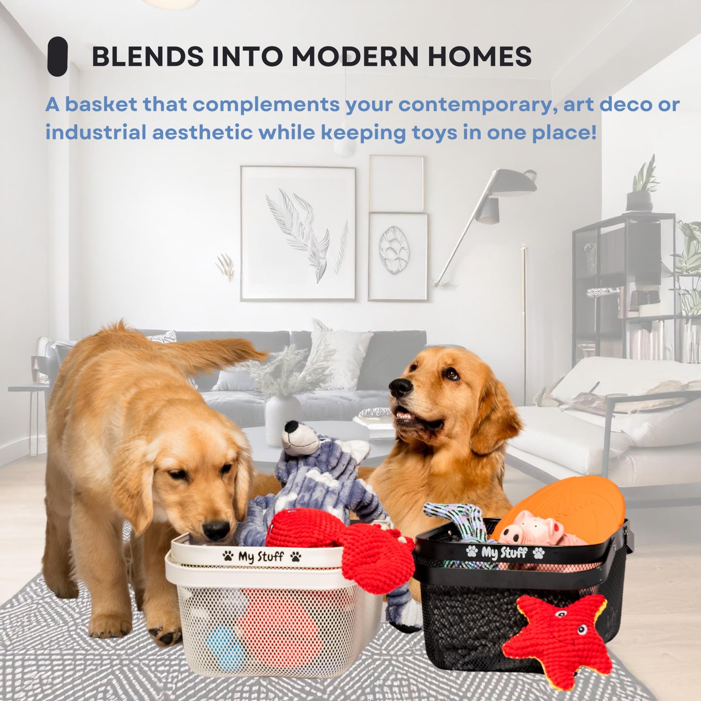 OtterPets Dog Toy Basket Metal Mesh Metal, Chew Proof, 16 (L) x 9.5 (W) x 7 (H) inches White Dog Toy Bin, Sturdy Pet Toy Basket