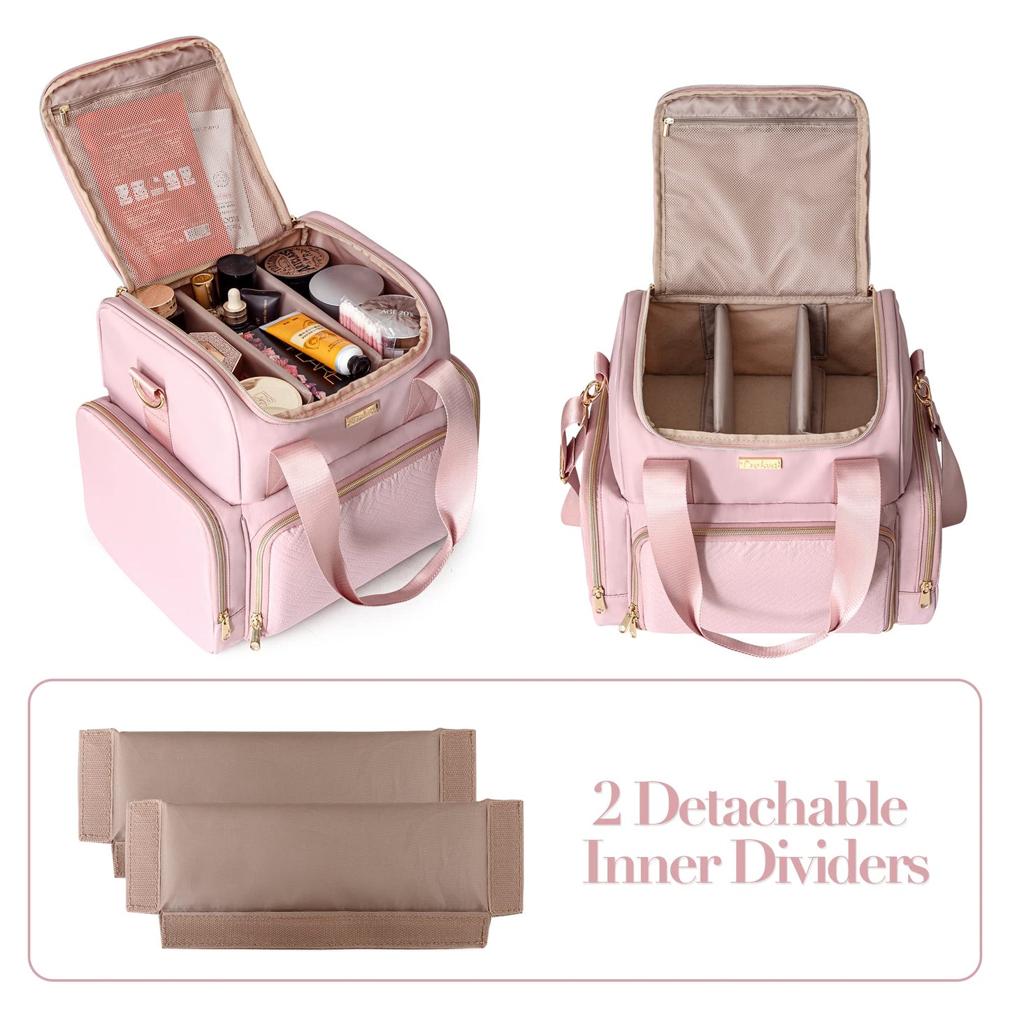 Prokva Large Makeup Cosmetic Bag with 3 Removable Case, Double Layer Travel Makeup Organizer Case with Inner Dividers and Makeup Brushes Storage Section, Pink (Patented Design)